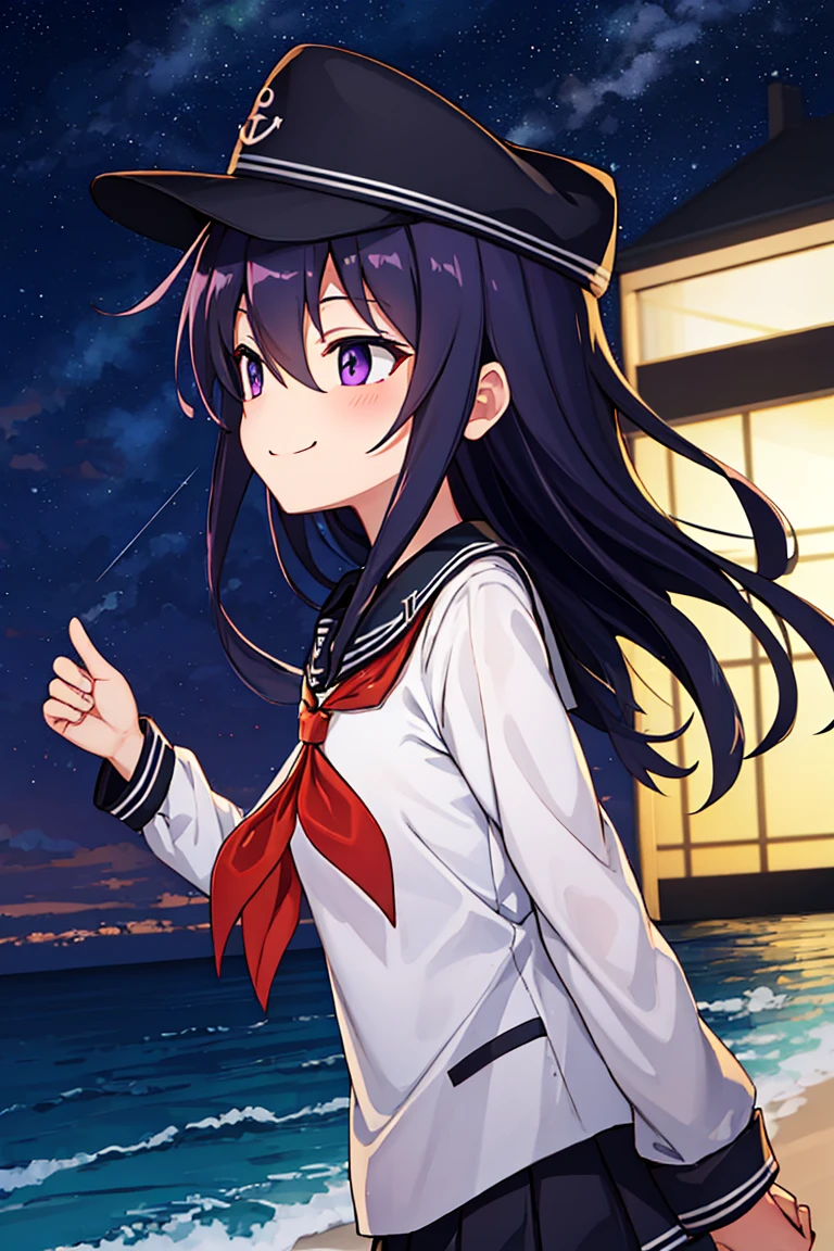 Portrait, official art, best masterpiece, best quality, best resolution, 8K, best detailed, perfect anatomy, dutch angle, (look up, look far away:1.2), (From below, From side), motion blur, drop shadow, dutch angleabove
BREAK
Look up at the sky, raise one hand
BREAK
(akatsuki_kantaicollection:1.15), long hair, serafuku, hat, anchor symbol, purple eyes, purple hair, flat cap, hair between eyes, neckerchief, red neckerchief, school uniform, (small breasts, child_like build, short stature:1.3), 1small girl, little_girl
BREAK
bashful, (smile)
BREAK
Clear night sky, sea side, water's edge, Darkness, absurd, (sea), (night, midnight:1.3), very fine and detailed 16KCG wallpapers