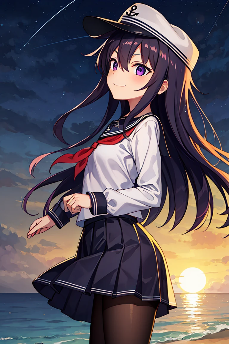 Portrait, official art, best masterpiece, best quality, best resolution, 8K, best detailed, perfect anatomy, dutch angle, (look up, look far away:1.2), (From below, From side), motion blur, drop shadow, dutch angleabove
BREAK
Look up at the sky, raise one hand
BREAK
(akatsuki_kantaicollection:1.15), long hair, serafuku, hat, anchor symbol, purple eyes, purple hair, flat cap, hair between eyes, neckerchief, red neckerchief, school uniform, (small breasts, child_like build, short stature:1.3), 1small girl, little_girl
BREAK
bashful, (smile)
BREAK
Clear night sky, sea side, water's edge, Darkness, absurd, (sea), (night, midnight:1.3), very fine and detailed 16KCG wallpapers