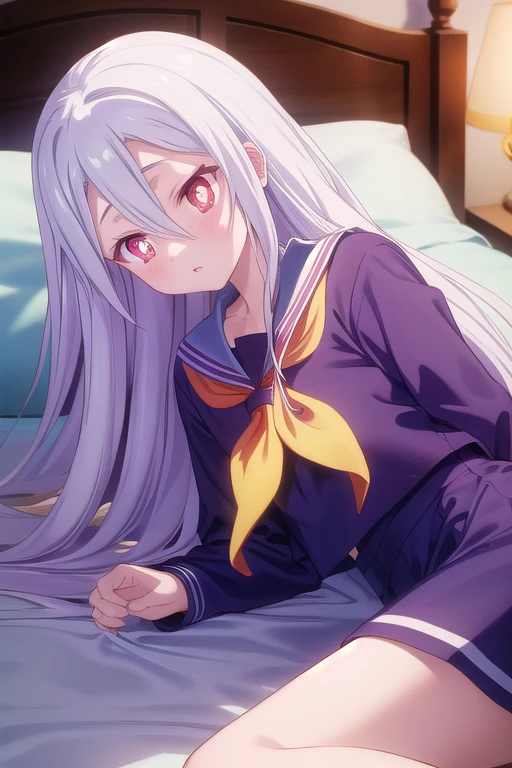 Anime girl with yellow eyes lying on bed under the quilt, night, soft anime illustration, cute anime girl, huge glowing eyes, shiro, elbows propped up on the bed, an open book pressed under her hand
