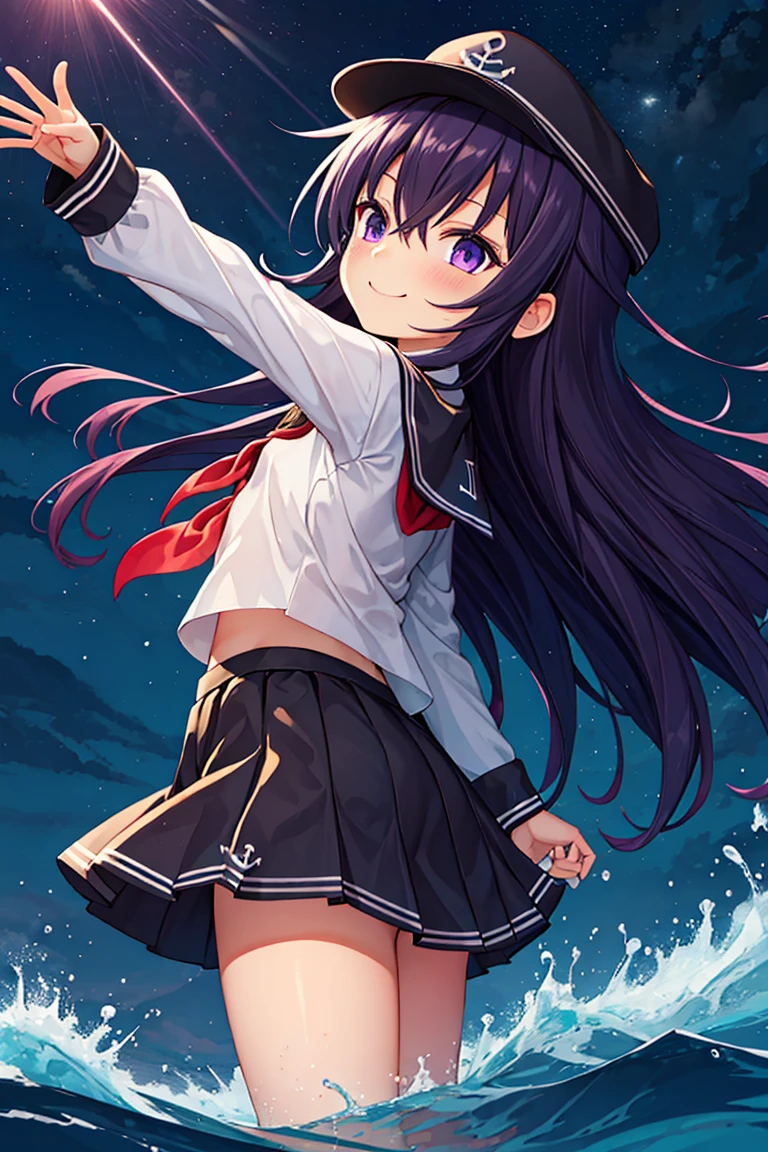 Portrait, official art, best masterpiece, best quality, best resolution, 8K, best detailed, perfect anatomy, dutch angle, (look up, look far away:1.2), (From below, From side), motion blur, drop shadow, dutch angleabove
BREAK
Look up at the sky, raise one hand
BREAK
(akatsuki_kantaicollection:1.15), long hair, serafuku, hat, anchor symbol, purple eyes, purple hair, flat cap, hair between eyes, neckerchief, red neckerchief, school uniform, (small breasts, child_like build, short stature:1.3), 1small girl, little_girl
BREAK
bashful, (smile)
BREAK
Clear night sky, sea side, water's edge, Darkness, absurd, (sea), (night, midnight:1.3), very fine and detailed 16KCG wallpapers