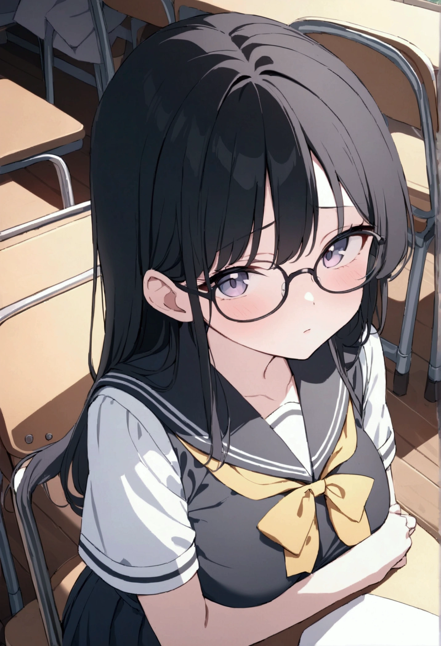 (masterpiece, top quality, best quality, beautiful and aesthetic:1.2),(8k, best quality, masterpiece:1.2),anime,cute,Frail looking girl, black rimmed glasses, high school girl, 16year old girl, long black hair, F cup tits, sailor suit, classroom, sitting,from above, looking at viewer,