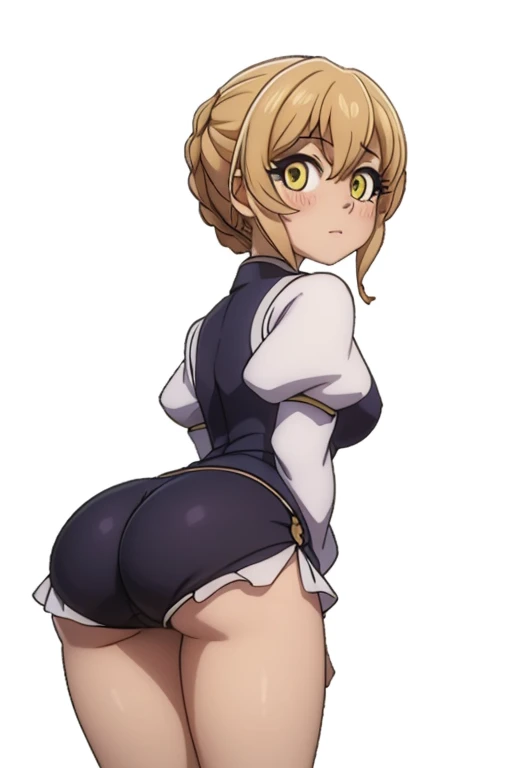 1girl, looking back, booty, blush, amazing, lovely girl, from behind, ((guild girl)), best quality, great artwork, sensual image, bouncing ass, (white background, dynamic face expression, simple background, clean:0.9), eyes detail,  solo, as original,  solo, 