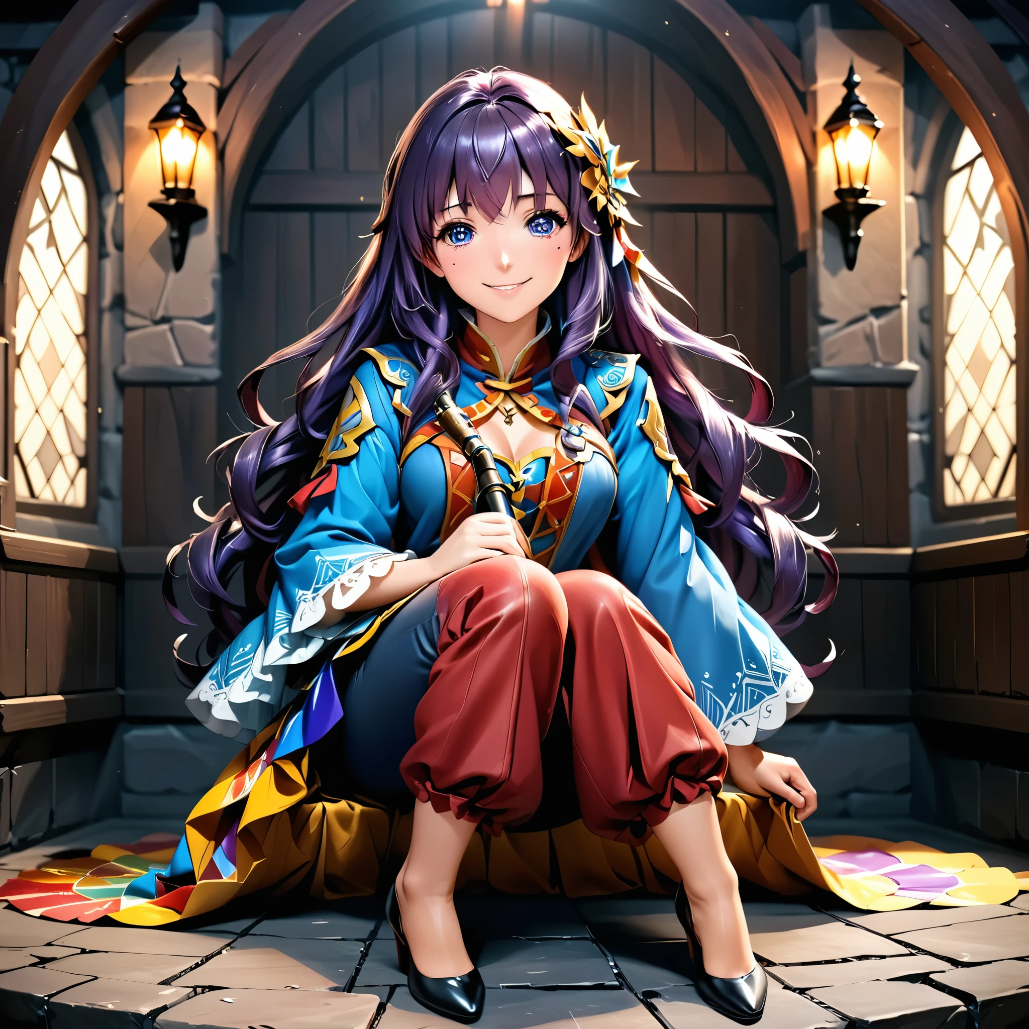 Masterpiece, 4k, HDR, full HD, (best quality), (ultra detailed), (only), (extremely delicate and beautiful fabric), super complex ANIME TYPE, best quality, 1girl, very expressive eyes, deep purple hair , hyper beautiful face, purple hair, perfect anatomy, shiny, oily skin, full body, alone (shiny purple hair, long hair), looking at viewer, bright blue eyes, perfect hands, perfect legs, super detailed clothes, intricate clothes, In a vibrant RPG world, a girl bard travels through distant kingdoms, bringing joy and hope through her music. SHe wears colorful, light clothing, adorned with feathers and leather details. HER lute hangs behind her back, while a flute hangs from her belt. With a charming smile and bright eyes, she sits in a tavern full of adventurers and begins to play a melody that resonates in every corner. Her voice is soft but powerful, capable of inspiring courage or bringing comfort to weary hearts. The magical music that emanates from her fingers not only entertains, but strengthens her allies, filling them with energy and motivation for the battles to come.