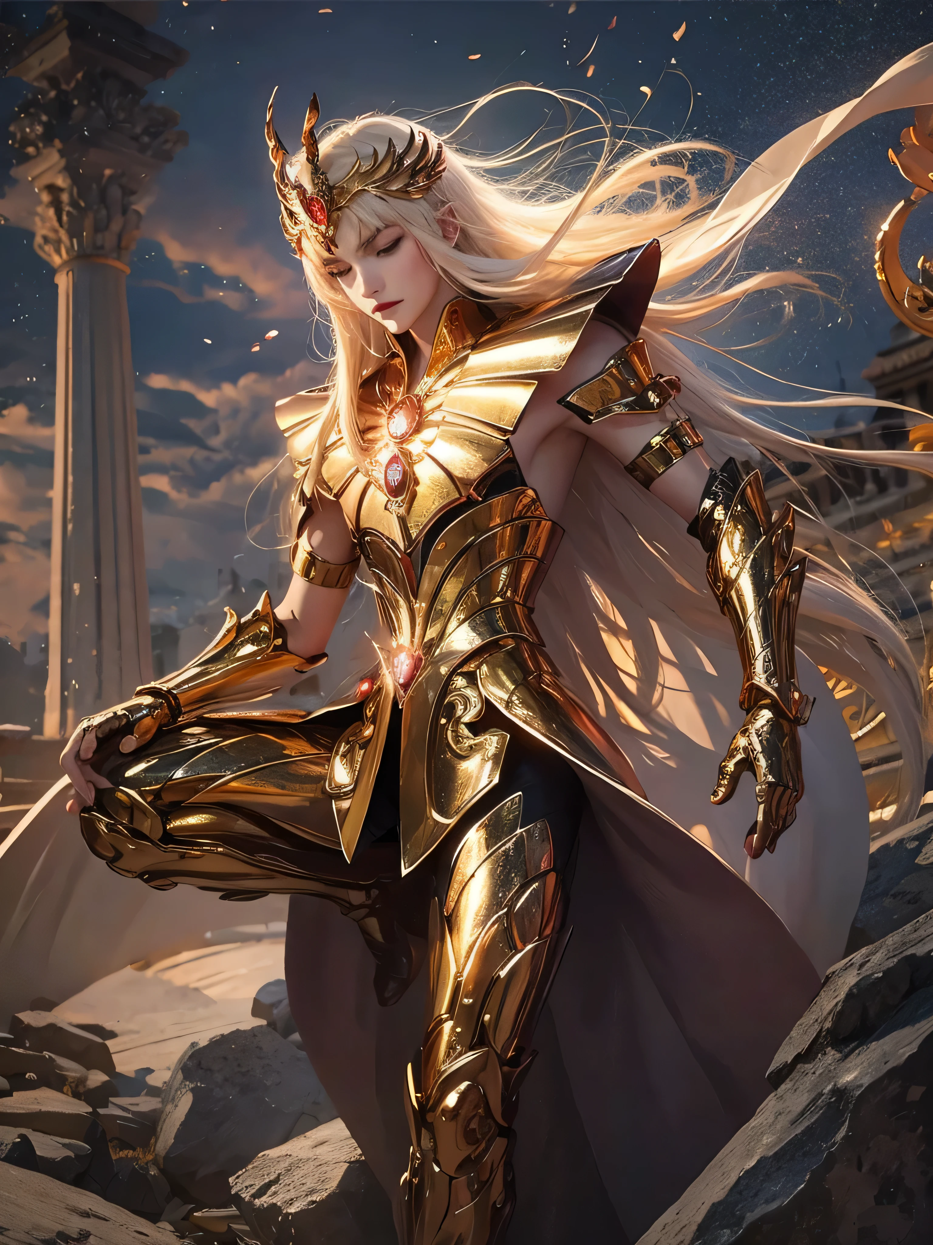 "Create an illustration of the Virgo character Shaka in a fighting pose, holding his classic golden rosary in one hand. He is wearing his shining golden armor, with refined and mystical details that reflect his connection to the constellation Virgo. In the background is a ruined Greek temple, partially collapsed, with fallen columns and ancient details, shrouded in a light mystical mist covering the ground. The scene is dramatic, with the mist creating a mysterious and magical atmosphere, highlighting Shaka's powerful presence."