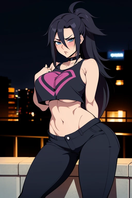 20 year old woman, busty, bubble butt, hourglass figure, skinny, blushing, scared expression, horny, seductive, black hair, long hair, spiky hair, messy hair, wearing white crop top, loose crop top, black jeans, heeled boots, choker, underboob, middrift, anime, city at night, outside, punk, punk style, punk hair, doujin style, manga, flat colours, 2d manga, cowboy shot, action pose, heavy makeup, kissable lips, 2d art, anime