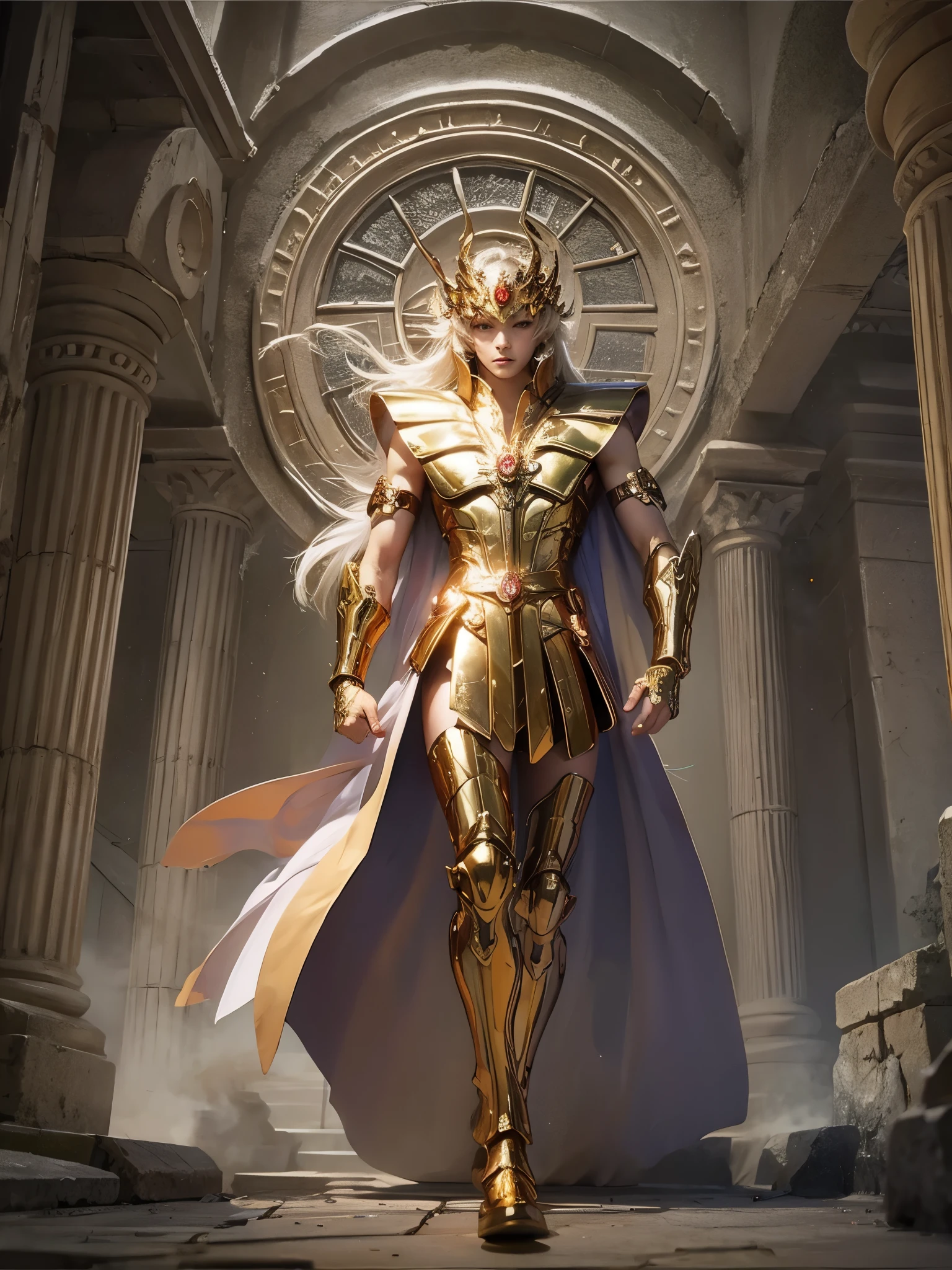 "Create an illustration of the Virgo character Shaka in a fighting pose, holding his classic golden rosary in one hand. He is wearing his shining golden armor, with refined and mystical details that reflect his connection to the constellation Virgo. In the background is a ruined Greek temple, partially collapsed, with fallen columns and ancient details, shrouded in a light mystical mist covering the ground. The scene is dramatic, with the mist creating a mysterious and magical atmosphere, highlighting Shaka's powerful presence."