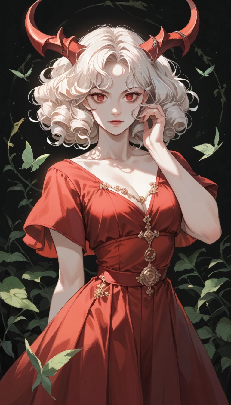 score_9, score_8_up, score_7_up, score_6_up, score_5_up, score_4_up, Alluring girl, ornate red dress, horns, curly white hair, red eyes, pale skin, nature, (outstanding composition), (dark tones)