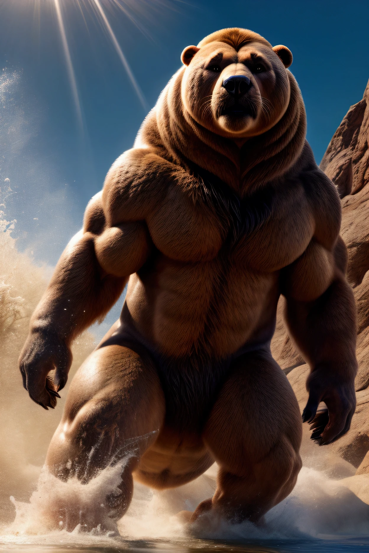 Werewolf, male, adult, uncle, with black fur, green pupils, jacked muscular bodybuilder masculinity, insanely developed muscles, large chest and abdominal muscles, semi naked, wearing a white T-string underwear, (huge giant boulder sized crotch:1.8), (erect state), in the public park, standing by a male adult, soaked all over, hazy mist, real light and shadow, ultra fine portrayal, 4K ultra clear