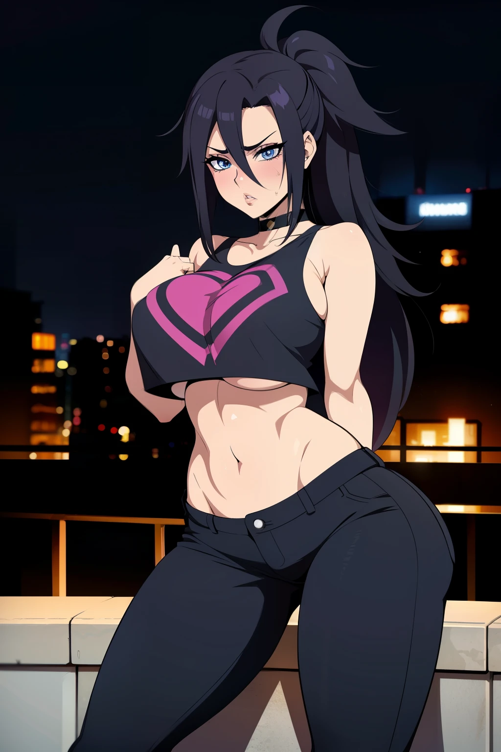 20 year old woman, busty, bubble butt, hourglass figure, skinny, blushing, scared expression, horny, seductive, black hair, long hair, spiky hair, messy hair, wearing white crop top, loose crop top, black jeans, heeled boots, choker, underboob, middrift, anime, city at night, outside, punk, punk style, punk hair, doujin style, manga, flat colours, 2d manga, cowboy shot, action pose, heavy makeup, kissable lips, 2d art, anime