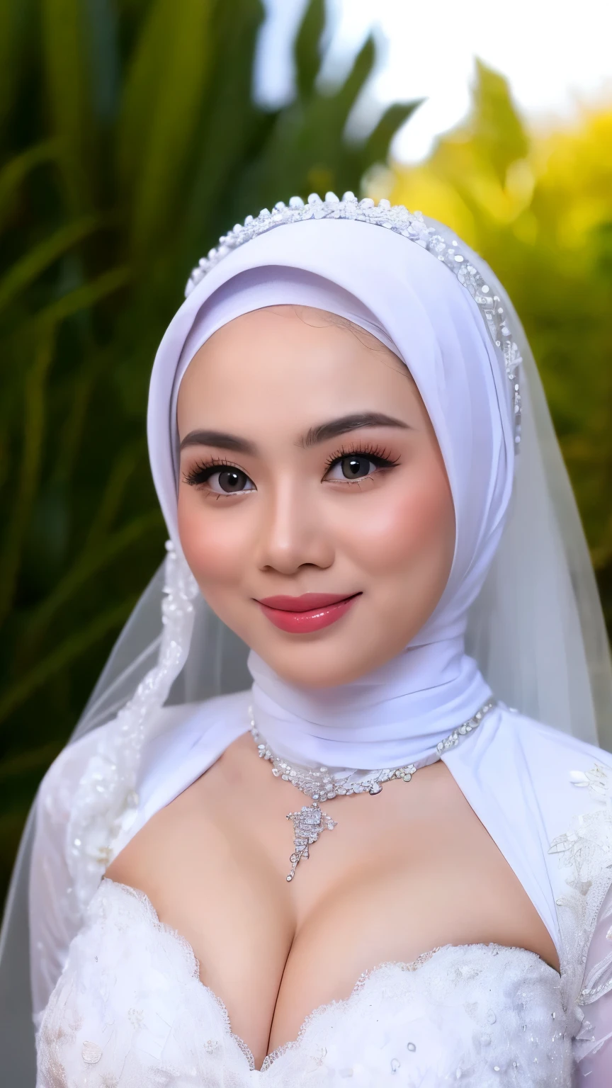 ((Realistic lighting, Best quality, 8K, Masterpiece: 1.3, hyper realistic)), Clear focus: 1.2, 1 indonesian hijab girl, georgeus sexy open bust wedding dress, (white silver hijab, medium breasts: 1.3),open breast, breast out, pink nipples, slightly chubby, (detailed lace material), (outdoor, day light: 1.1), beautiful garden of flowers background, Super fine face, fine eyes, double eyelids, naughty smile, upper body, wedding bride pose, nide