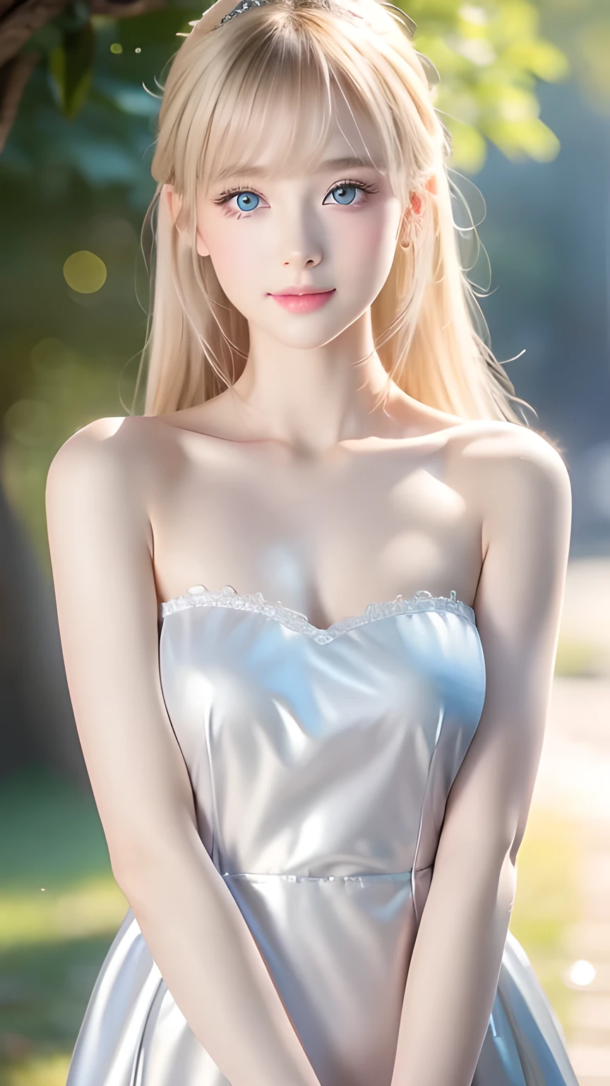 masterpiece、Best Quality、High resolution、Highly detailed photos、Professional Lighting、(((Upper body naked)))、Strike a Pose、Sexy maid in the magical forest、The frilly apron must be worn on the lower body only、Portrait、Bright expression、Young shiny white skin、The best looks、Blonde reflection、Platinum blonde hair with beautiful highlights、Shiny bright hair、Super long, smooth, straight, silky hair、Shiny, beautiful bangs、Bangs between the eyes、Sparkling crystal clear attractive big incredibly bright blue eyes、Very beautiful, lovely, cute 22 year old girl、Ample Bust、ponytail、Cowboy Shot、Photorealistic、round face、Small Face Beauty、Cheek gloss highlighter、A beautiful girl