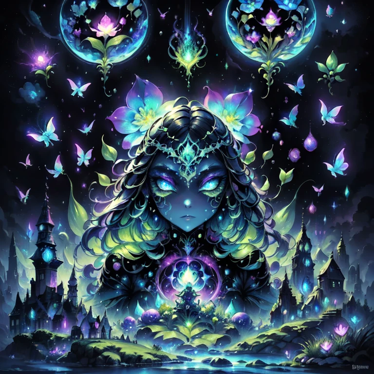 Magical plant ghost flower from the abyss,Image of an enchanted witch encountering an alien life form, Illuminated by bioluminescent plants, Very detailed, Ultra-realistic, 10K high resolution, gouache style, Doodle Art, Grass Lawn, Art Nouveau influence, Given the, and future, Art of Moon Crypto Awesome,