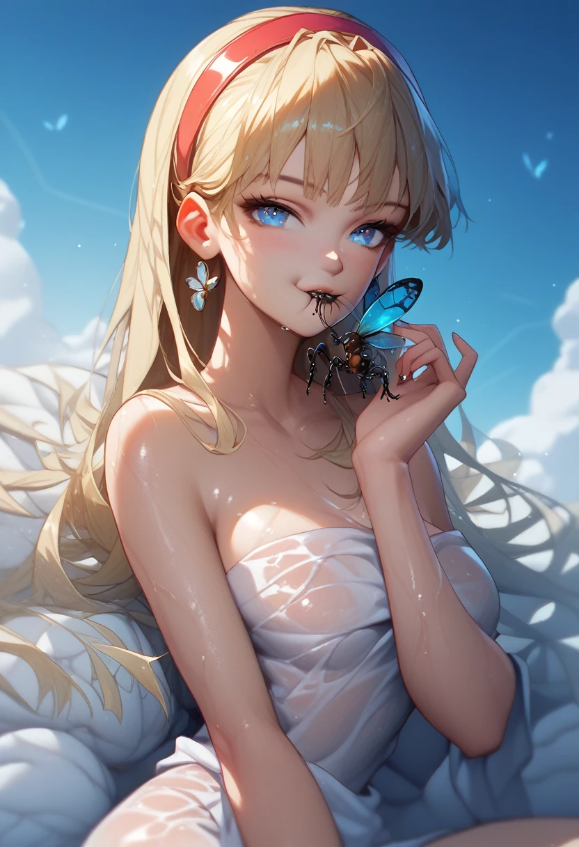 (16K, super detail, super delicate image quality, high resolution, realistic, RAW, f2.0), full body depiction, one girl, big eyes, clear blue eyes, super small, bent knees and large open legs, long and thin legs, lift hips to show crotch, on bed, close-up from below, ultra-small ultra-fine see-through swimsuit, intense thinness bite, chest wide open, shiny blonde, knees raised with both hands, The middle of the areola is hard and long protruding pink, the whole body is covered with white liquid, shiny white skin, crotch, chest, a large amount of white liquid on the face, grinning eyes, a large amount of white liquid on the chest and face, a face screaming with pleasure