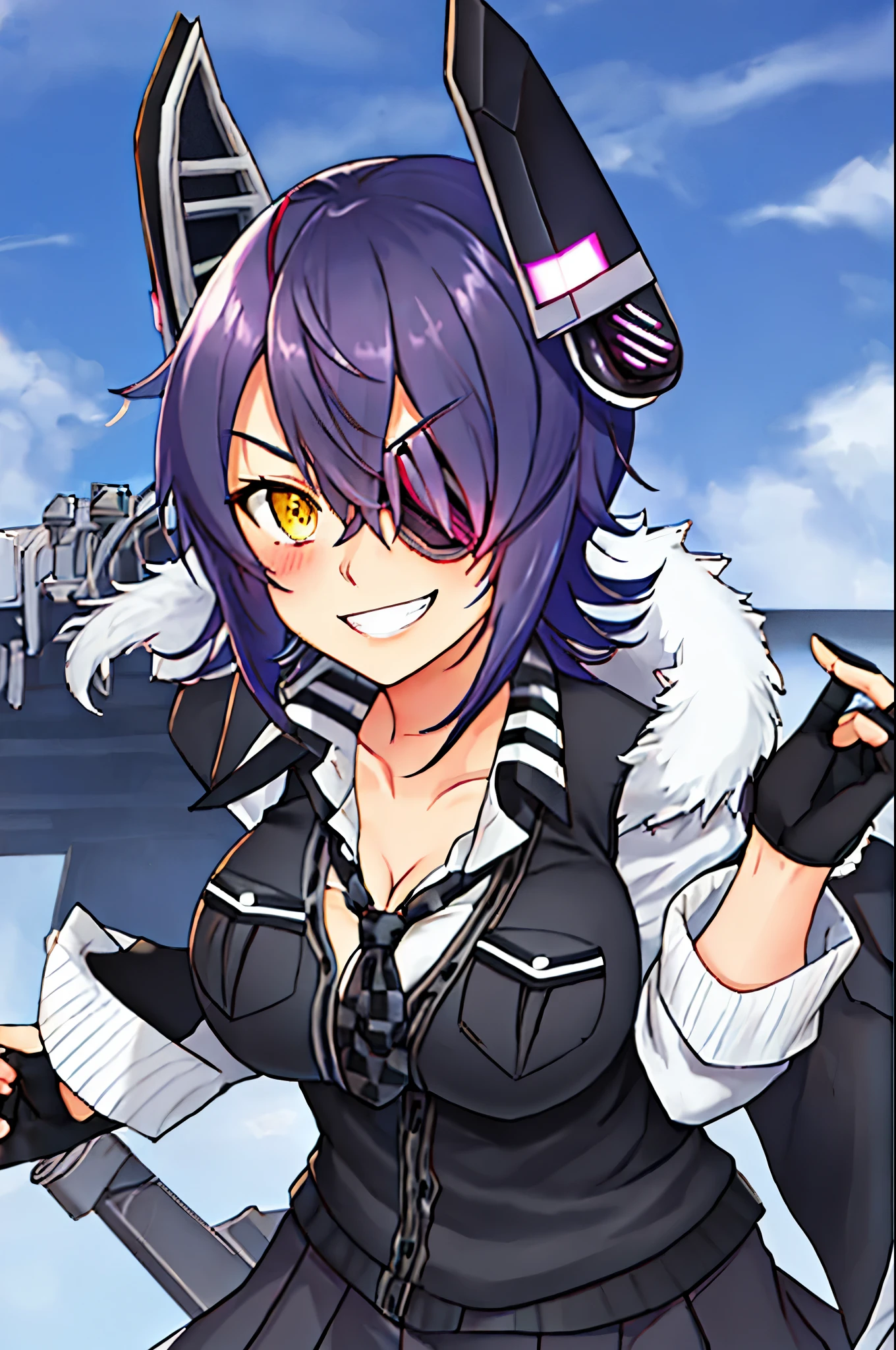 best quality, masterpiece, solo, {tenryuu_kantaicollection:1.15}, teen_girl, eyepatch, short_hair, purple_hair, yellow_eyes, headgear, breasts, necktie, big_breasts, smile, 1girl, blush, checkered_necktie, hair_over_one_eye, shirt, portrait, white_shirt, jacket, sleeveless, fur-trimmed_jacket, fur_trim, collarbone, looking_at_viewer, pocket, breast_pocket, messy_hair, black_gloves, gloves, partially_fingerless_gloves,harbor_road_landscape_background,outdoor,nihl, cleavage,solo