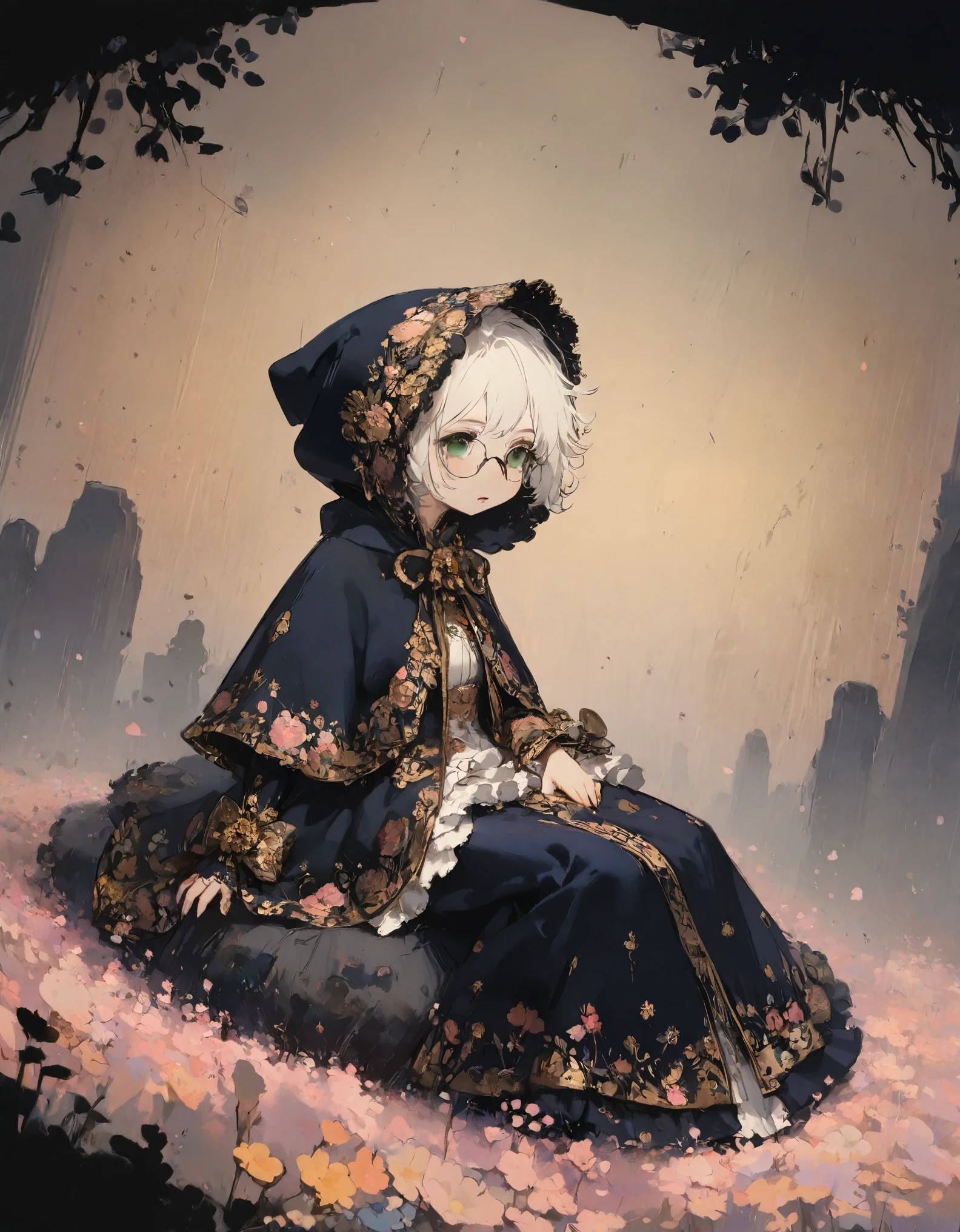 1girl\(cute, kid, white skin, pale skin,(wearing ((simple)) black hood:1.4),(black robe\(hood,white embroidery flower pattern, at edge\):1.3), ((white frilly dress)), (wearing black glasses:1.4), (((green eyes))), black boots, white hair, bangs, short bob hair, holding teddybear\(brown,fluffy\),dynamic pose\), BREAK ,quality\(8k,wallpaper of extremely detailed CG unit, ​masterpiece,hight resolution,top-quality,top-quality real texture skin,hyper realisitic,increase the resolution,RAW photos,best qualtiy,highly detailed,the wallpaper,golden ratio\), BREAK , BREAK ,quality\(masterpiece, best quality,8k,wallpaper of extremely detailed CG unit, high resolution, top-quality, top-quality real texture skin, hyper realistic, increase the resolution, RAW photos, best quality, highly detailed, the wallpaper,golden ratio,high saturation realism, vibrant colors, dramatic lighting, persuasive storytelling, atmospheric scenery, captivating visuals, intricate details, strong emotions,dreamlike world\),dynamic angle, isometric view