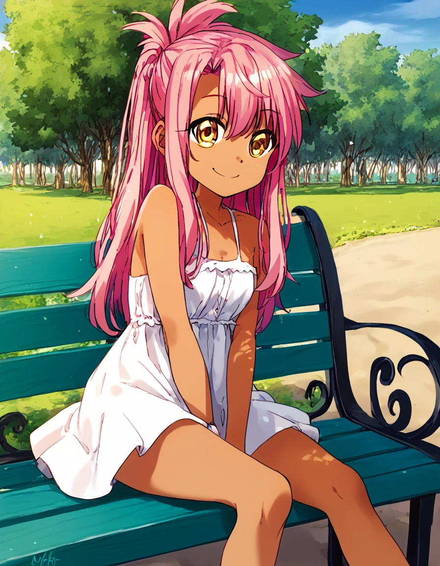 1girl,solo,smile,outdoor,white dress,sitting,bench, chloe,dark_skinned_female,dark_skin,long_hair,pink_hair,yellow_eyes,hair_between_eyes,white_hair,bangs,small_breasts,,harf_updo,one_side_up, young girl, lo.li,