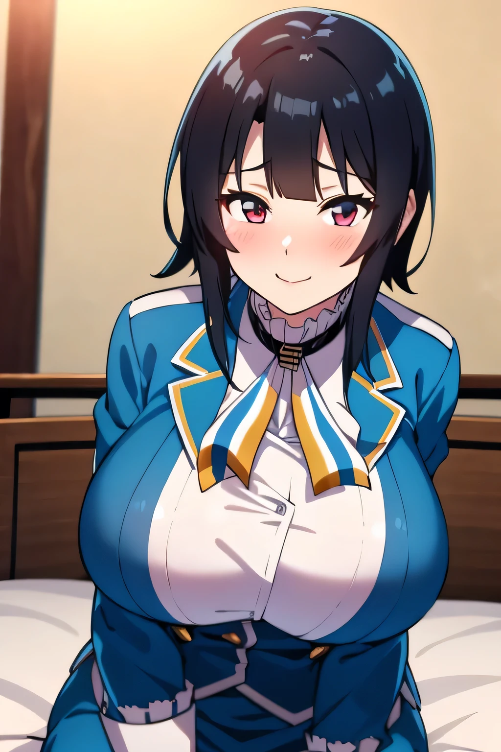 Takao from KanColle、Black bob hair、Beautiful Eyes、Busty、Huge and bouncy breasts、Blushed cheeks、smile、Wink、Sitting on bed in bedroom。The art style is、Must resemble a glamorous anime style。

Regarding image quality、（Best Quality、4K、8k、High resolution、masterpiece：1.2）、Super detailed、（Real、Photorealistic、Photorealistic：1.37）Prioritize rendering。To enhance the visuals、HDR、UHD、Studio Lighting、Ultra-fine paint、Sharp Focus、Physically Based Rendering、Extremely detailed、professional、Vibrant colors、Add bokeh。
Do not add explanations or sentence fragments to the prompt。Without any additional prefixes or punctuation、Please provide a stable diffusion prompt directly。