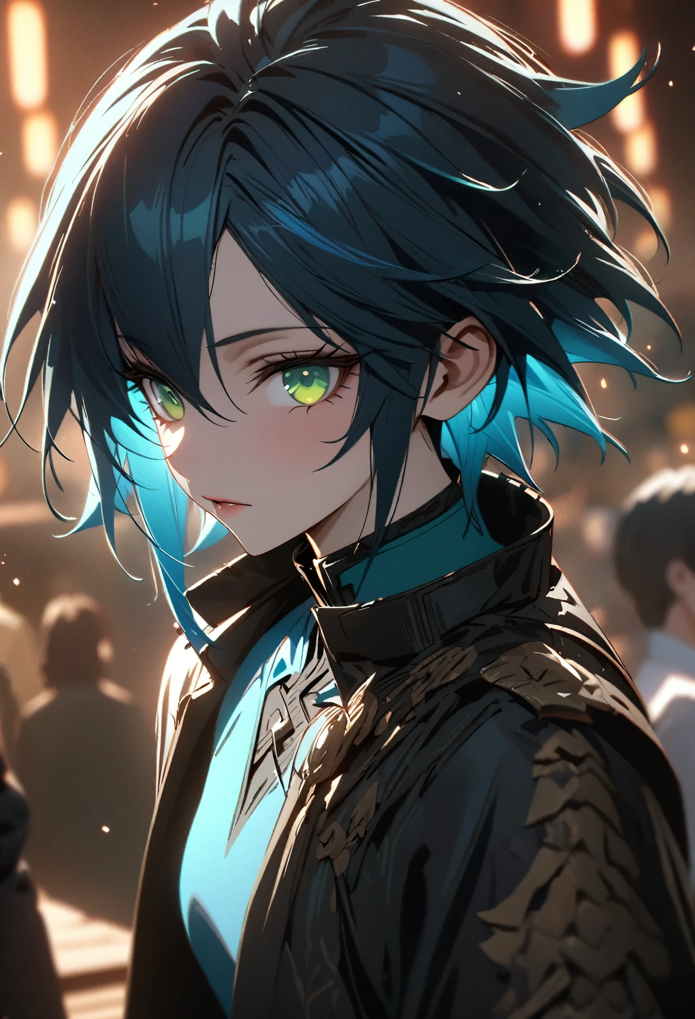 ((solo)), (androgynous woman), green eyes, ((fluorescent blue hair)), short hair, spiky hair, (young adult), tall, fit, no breasts, a close up of a person, detailed key anime art, casimir art, masamune shiro, masamune, beautiful girl in demon slayer art, heise jinyao, shadowverse style, (no logos), black pants, blue shirt, black trenchcoat, shiny hair, depth of field, cinematic lighting, ray tracing, depth of field, cinematic lighting, ray tracing, UHD, high details, best quality, highres, high quality, award winning, super detail, masterpiece, 8k, UHD, high details, best quality, highres, high quality, award winning, super detail, masterpiece, 8k
