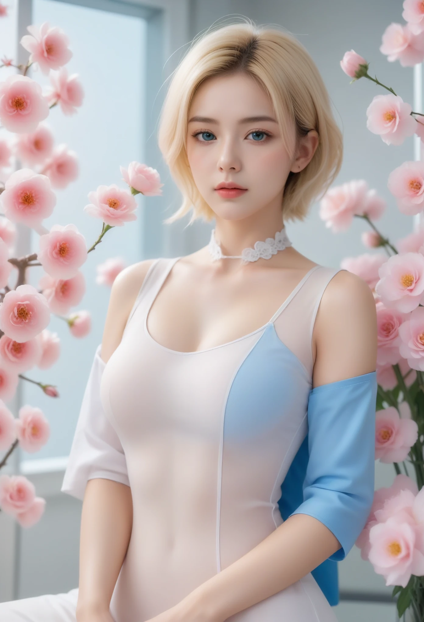 masterpiece, Best quality, Very beautiful, absurd, 1 Girl, Mature_Miss,Nurse_clothing, Nurse_have,Heart,Holding a huge syringe,indoor,In the hospital,,Android 18(Dragon Ball), Short hair,blond, Blue Eyes,,Surrounded by flowers,come down_petal, petal,,