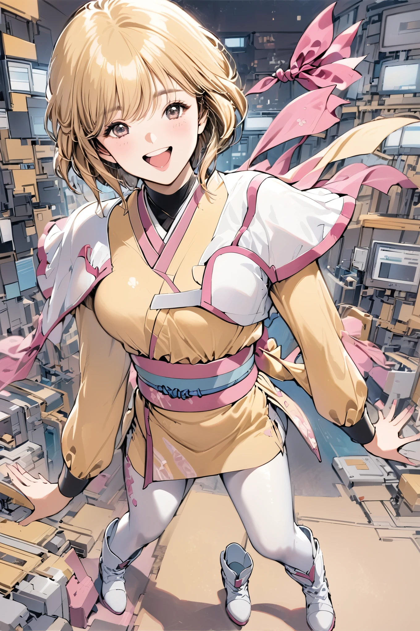 Amano Ai,Alone,1 girl,Full Body,short hair,Brown eyes,White shoes,smile,Open your mouth,boots,Watching the audience,Long sleeve,Blonde,Standing,Yellow short dress, White Pantyhose, White capelet, Pink Obi, Pink Ribbon,Traditional Media, Detailed computer circuit background