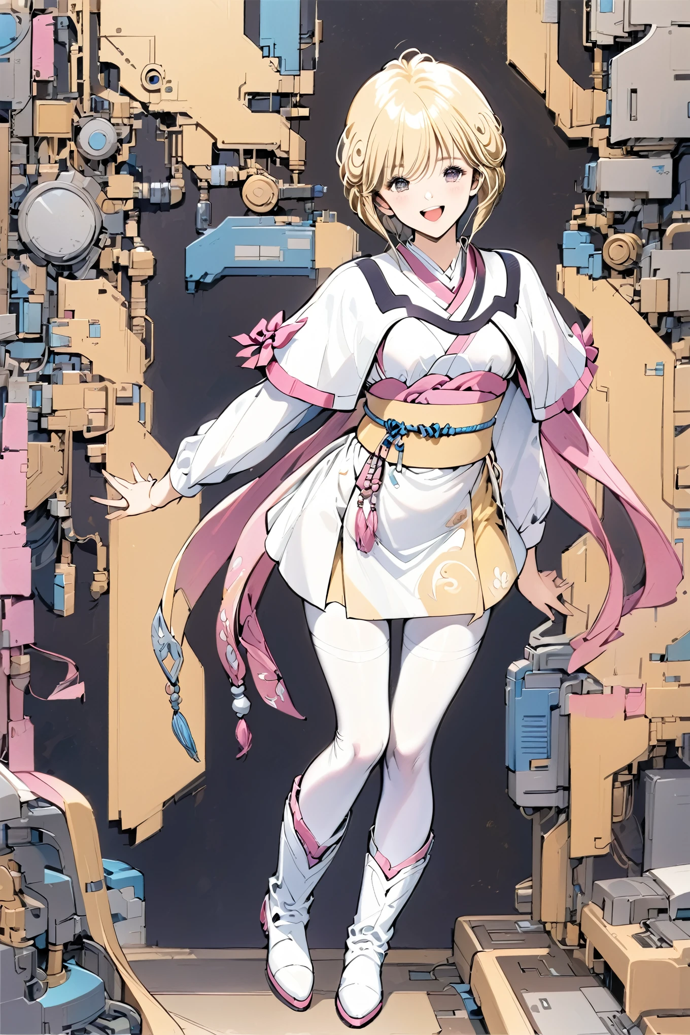 Amano Ai,Alone,1 girl,Full Body,short hair,Brown eyes,White shoes,smile,Open your mouth,boots,Watching the audience,Long sleeve,Blonde,Standing,Yellow short dress, White Pantyhose, White capelet, Pink Obi, Pink Ribbon,Traditional Media, Detailed computer circuit background