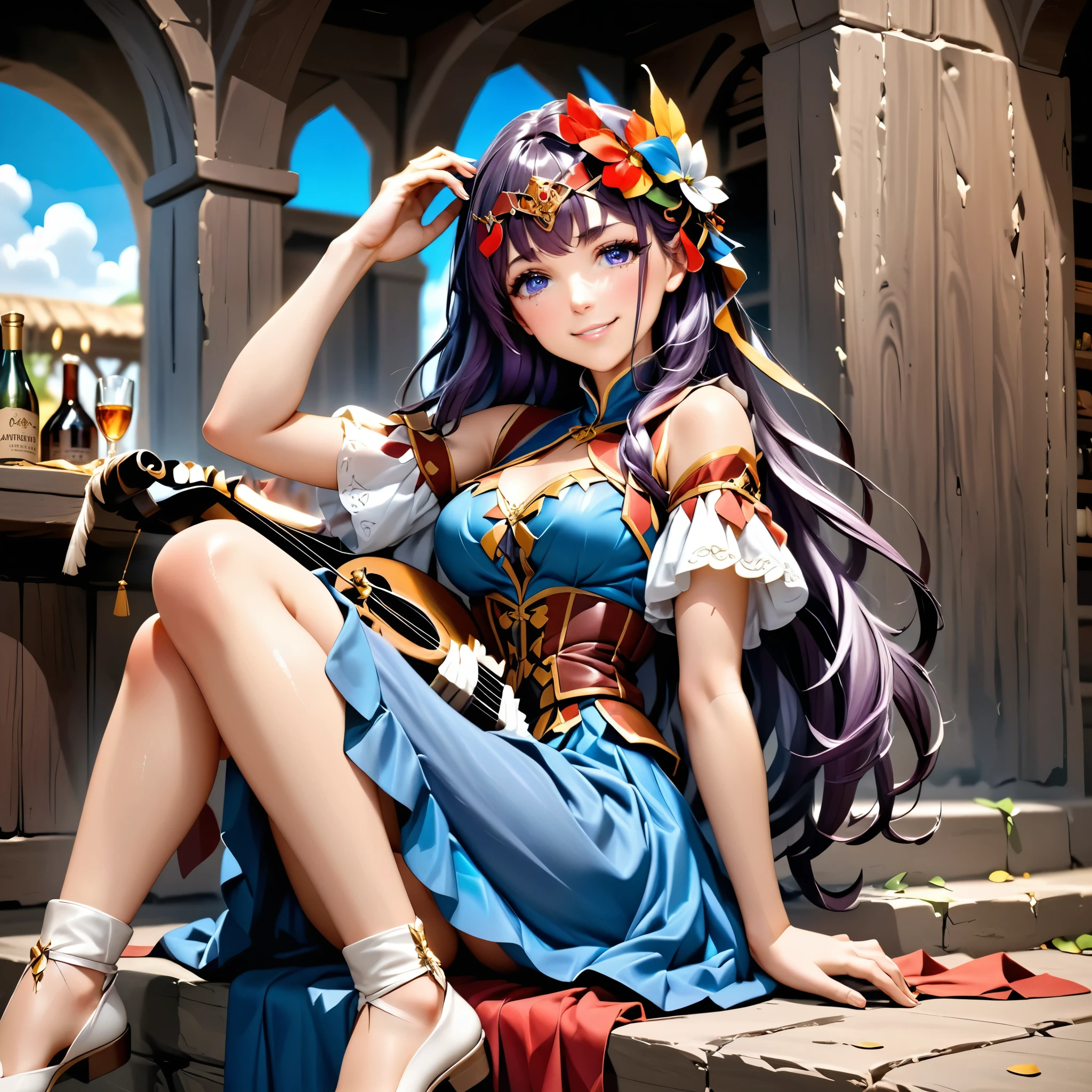 Masterpiece, 4k, HDR, full HD, (best quality), (ultra detailed), (only), (extremely delicate and beautiful fabric), super complex ANIME TYPE, best quality, 1girl, very expressive eyes, deep purple hair , hyper beautiful face, purple hair, perfect anatomy, shiny, oily skin, full body, alone (shiny purple hair, long hair), looking at viewer, bright blue eyes, perfect hands, perfect legs, super detailed clothes, intricate clothes, In a vibrant RPG world, a girl bard travels through distant kingdoms, bringing joy and hope through her music. SHe wears colorful, light clothing, adorned with feathers and leather details. HER lute hangs behind her back, while a flute hangs from her belt. With a charming smile and bright eyes, she sits in a tavern full of adventurers and begins to play a melody that resonates in every corner. Her voice is soft but powerful, capable of inspiring courage or bringing comfort to weary hearts. The magical music that emanates from her fingers not only entertains, but strengthens her allies, filling them with energy and motivation for the battles to come. She has a lute, from which magical notes come out when played,