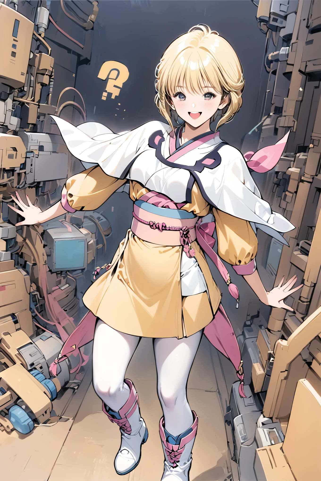 Amano Ai,Alone,1 girl,Full Body,short hair,Brown eyes,White shoes,smile,Open your mouth,boots,Watching the audience,Long sleeve,Blonde,Standing,Yellow short dress, White Pantyhose, White capelet, Pink Obi, Pink Ribbon,Traditional Media, Detailed computer circuit background