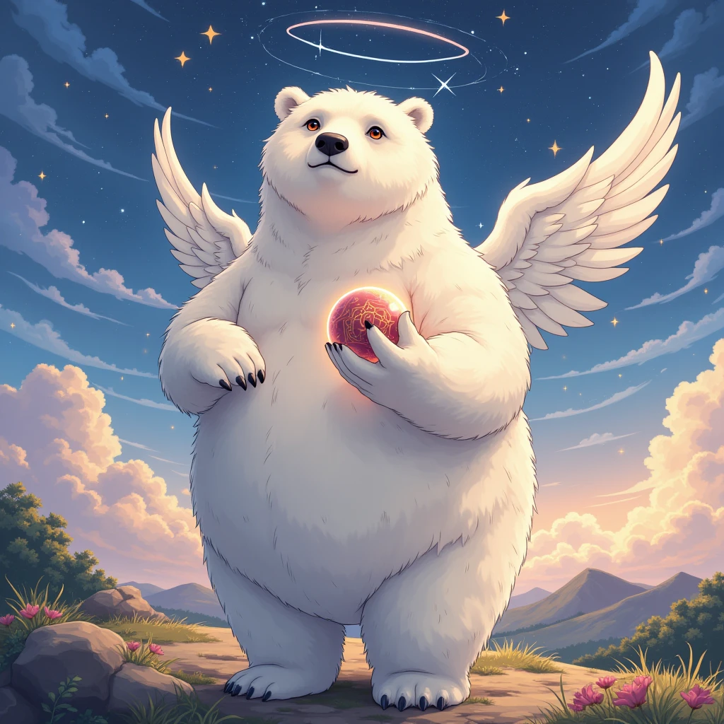 chibi, angel, a plump middle-aged polar bear man, angel wings, full body in Michelangelo Buonarroti style, digital illustration anime, character focus, full body, looking away, dynamic angle, niji6, BREAK happy, light smile, rushing wind, hold with both hands quantum electromagnetic life form sacred sphere, spinning fly, cute pose, detailed painting landscape, twilight, kaleidoscopic swirls, outdoor, BREAK complete anatomy, perfect proportions, beautiful thigh gap, fluffy body, intricate fur details, beautiful fur texture, BREAK detailed bear tail, detailed toe, 5toes, 5toes nails, beautiful foot, detailed hands, 5fingers, 5fingers nails, BREAK cute face, aesthetic anime face, insanity detailed face, male face, big face, square jawline, aesthetic anime eyes, detailed brown eyes, detailed brown cornea, detailed dark brown irises, detailed pupils, male eyes, big eyes, male eyebrows, innocent look, beautiful beard, BREAK masterpiece, official art, best quality, very aesthetic, absurdres, super fine illustration, great quality, BREAK noise reduction, very highres, large filesize, high quality, 32K, 8k wallpaper, dynamic lighting, BREAK insanity detailed, ultra detailed, intricate details, extremely detailed, detailed texture, an extremely delicate and beautiful, full color, HDR, BREAK e621 uncut tag, Fur Affinity illustration, osukemo, kemohomo, anthropomorphic, furry, cartoon, harmonious, pastoral, virtuous atmosphere 