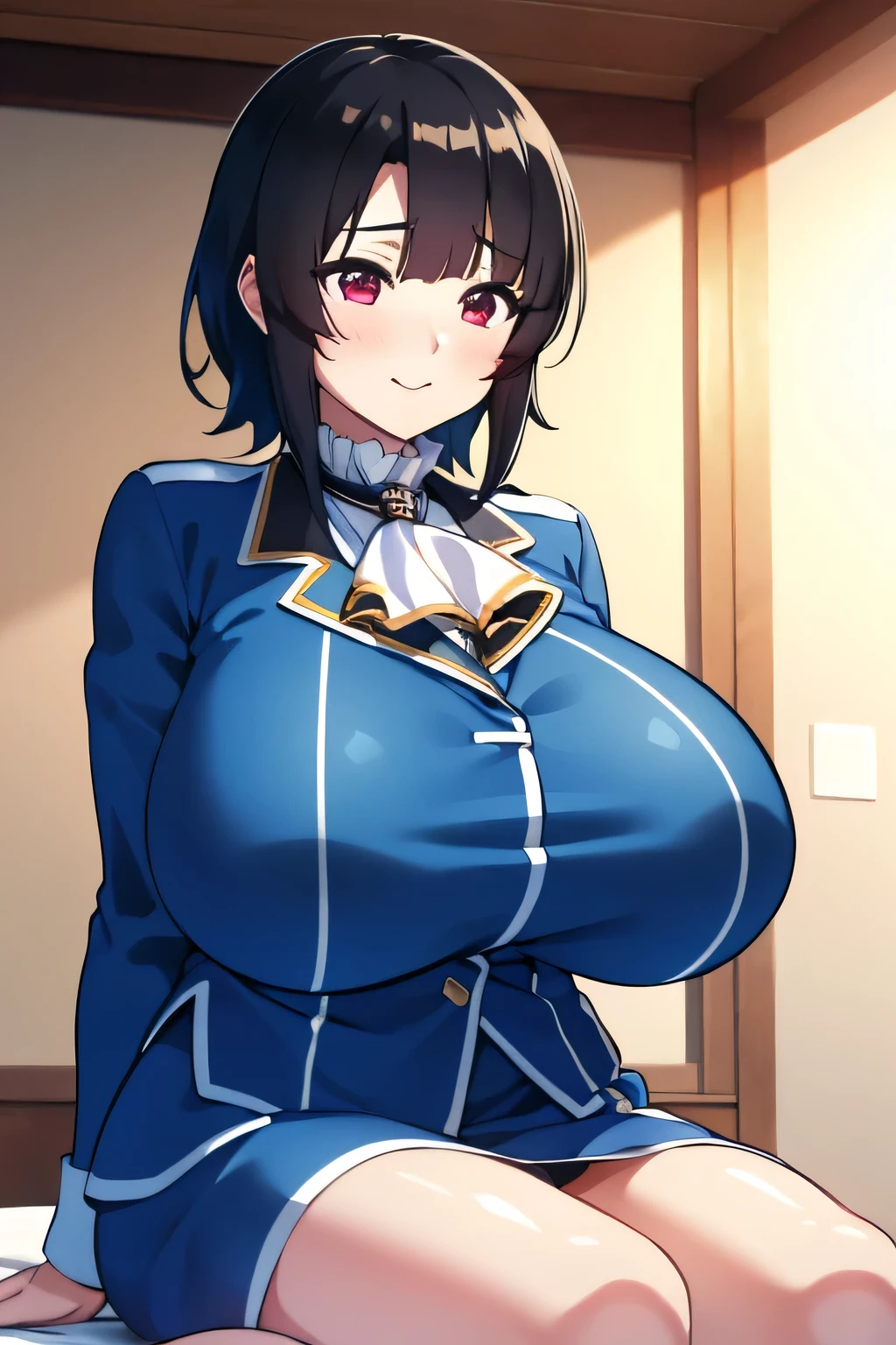 Takao from KanColle、Black bob hair、Beautiful Eyes、Busty、Huge and bouncy breasts、Blushed cheeks、smile、Wink、Sitting on bed in bedroom。The art style is、Must resemble a glamorous anime style。

Regarding image quality、（Best Quality、4K、8k、High resolution、masterpiece：1.2）、Super detailed、（Real、Photorealistic、Photorealistic：1.37）Prioritize rendering。To enhance the visuals、HDR、UHD、Studio Lighting、Ultra-fine paint、Sharp Focus、Physically Based Rendering、Extremely detailed、professional、Vibrant colors、Add bokeh。
Do not add explanations or sentence fragments to the prompt。Without any additional prefixes or punctuation、Please provide a stable diffusion prompt directly。