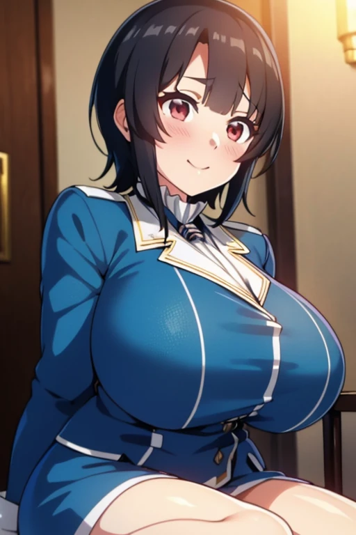 Takao from KanColle、Black bob hair、Beautiful Eyes、Busty、Huge and bouncy breasts、Blushed cheeks、smile、Wink、Sitting on bed in bedroom。The art style is、Must resemble a glamorous anime style。

Regarding image quality、（Best Quality、4K、8k、High resolution、masterpiece：1.2）、Super detailed、（Real、Photorealistic、Photorealistic：1.37）Prioritize rendering。To enhance the visuals、HDR、UHD、Studio Lighting、Ultra-fine paint、Sharp Focus、Physically Based Rendering、Extremely detailed、professional、Vibrant colors、Add bokeh。
Do not add explanations or sentence fragments to the prompt。Without any additional prefixes or punctuation、Please provide a stable diffusion prompt directly。