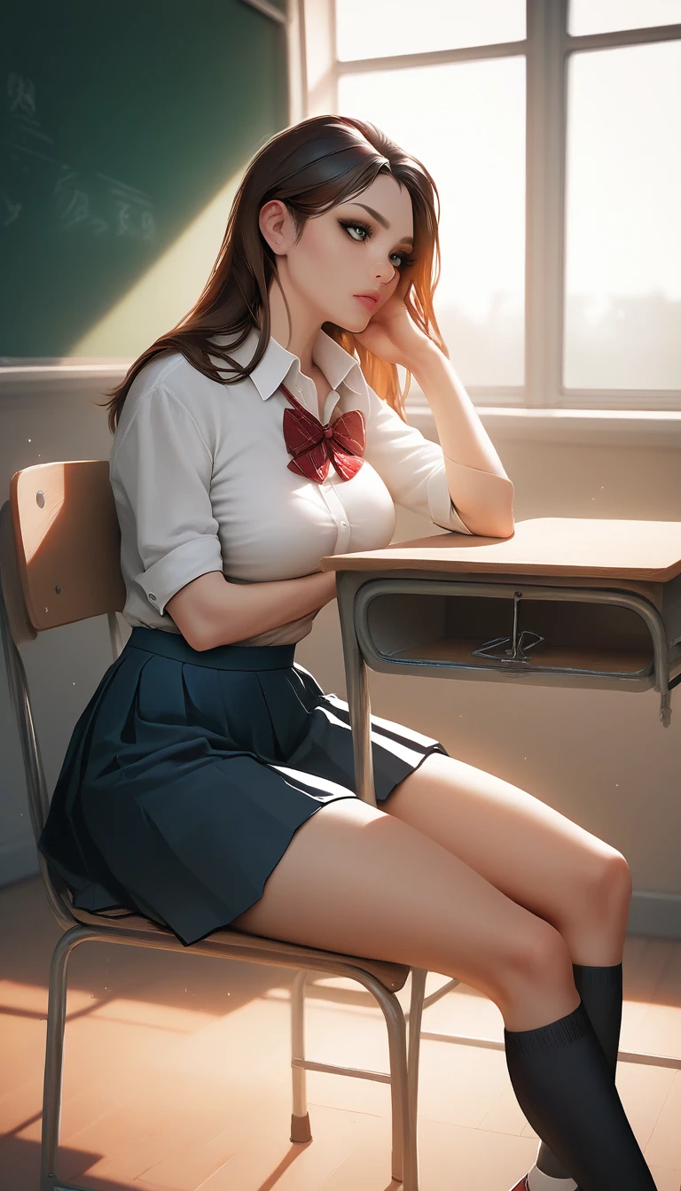 ((a school girl)) inside the classroom,  ((looking out)) discouraged, (( room full of students)) 