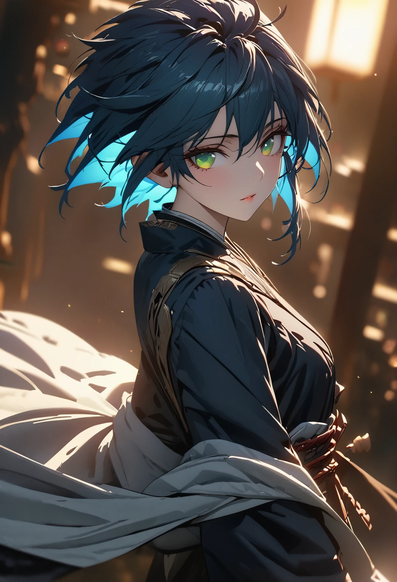 ((solo)), (androgynous woman), green eyes, ((fluorescent blue hair)), short hair, spiky hair, (young adult), tall, fit, no breasts, a close up of a person, detailed key anime art, casimir art, masamune shiro, masamune, beautiful girl in demon slayer art, heise jinyao, shadowverse style, (no logos), black pants, dark blue shirt, black trenchcoat, shiny hair, depth of field, cinematic lighting, ray tracing, depth of field, cinematic lighting, ray tracing, UHD, high details, best quality, highres, high quality, award winning, super detail, masterpiece, 8k, UHD, high details, best quality, highres, high quality, award winning, super detail, masterpiece, 8k
