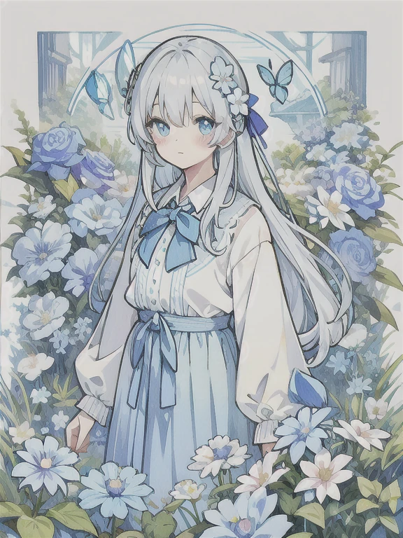 ・Watercolor・White Hair、Very long hair, light blue left eye、Grey right eye Flower-shaped pupil Loose-fitting blouse Light blue cardigan Light blue skirt Grey ribbon on collar Young girl Cute Quiet Light blue flower field Light blue butterfly Soft light Top quality