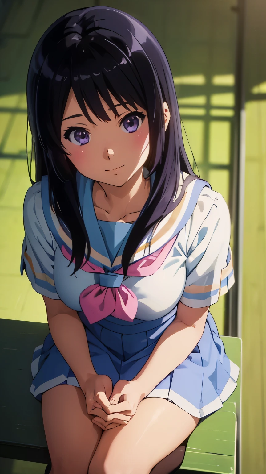最High image quality, 8k, High image quality, high detail,masterpiece:1.2)、(Reina Kousaka,summer uniform),Eye light、(Perfect hands, Perfect Anatomy)、Shining Eyes、Alone、1 girl、(from the front:1.2)、(Looking at the viewer),sketch、Flat Color、anime、animeカラーリング、(In the classroom of the school:1.3),Kitauji High School uniform、Reina Kosaka、Kitauji High School uniform、 (Long Hair, White sailor suit, Short sleeve, Pink neckerchief, (Blue Skirt, Black socks, Black knee-high socks,smile))、(Blur the background:1.3)、Subject in front、Detailed Shadows、((Centered Image:1.5)),(Big Breasts、Classroom、Sitting、Studying、Feet close up、Fill the screen with your subject、Low angle、whole body)、