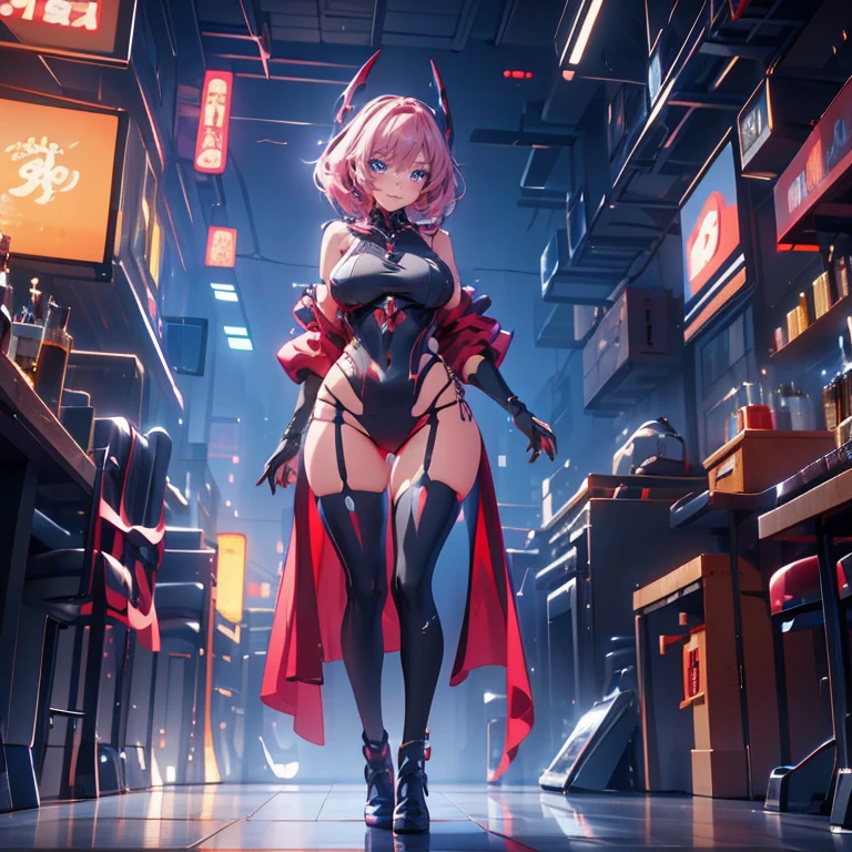 Female demon with horns, holding huge flaming sword, ((metal skin)), symetrical face, detailed face, ((vivid gold hair)), red tattoos, ((tattoos on entire body)), visible nipples, ((gigantic naked breasts: 2,0)), huge naked breasts, ((extremely big sagging oversized breasts: 2,0)), very natural naked breasts, ((extra wide heavy breasts: 1,8)), ((walking in heavy rain)), ((walking in dark cyberpunk streets)), intricate golden chest armour, golden shin armour, night light, ((thunderstorm: 1,6)), ((lightning: 1,7)), spaceships flying in the sky, Deep shadows, side lighting, ((masterpiece)), ((Highest quality)), camera on the floor level, cinematic shot