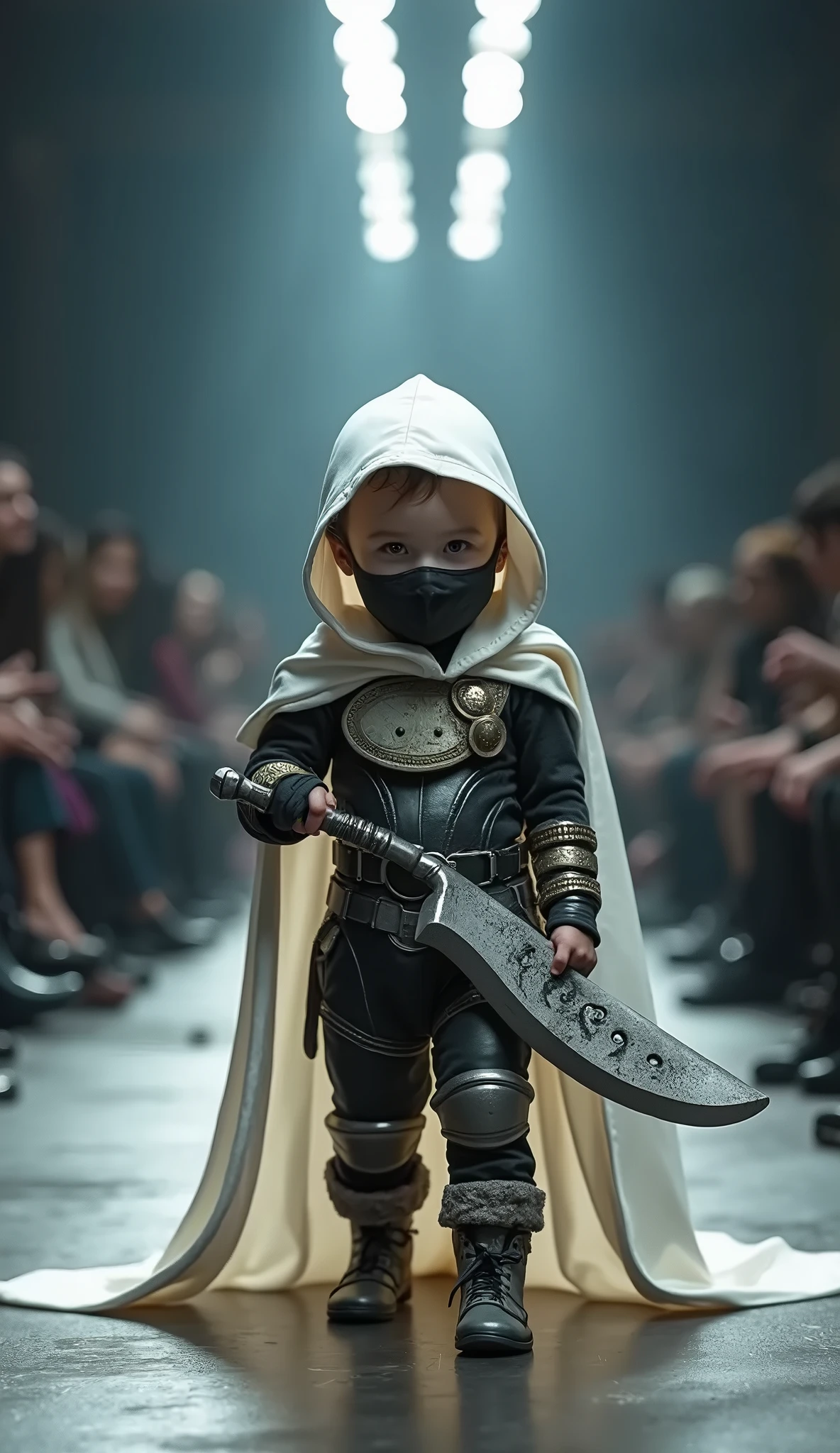 model baby dressed as moonknight in realistic full body fashion show, standing while flexing his weapon