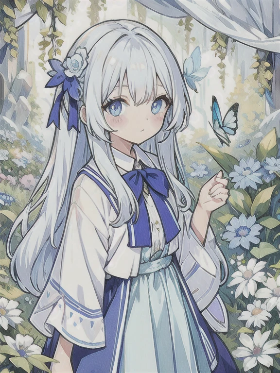 Watercolor/White Hair、Very long hair, light blue left eye、Grey right eye Flower-shaped pupil Loose-fitting blouse Light blue cardigan Light blue skirt Grey ribbon on collar Young girl Cute Quiet Light blue flower field Light blue butterfly Soft light Top quality