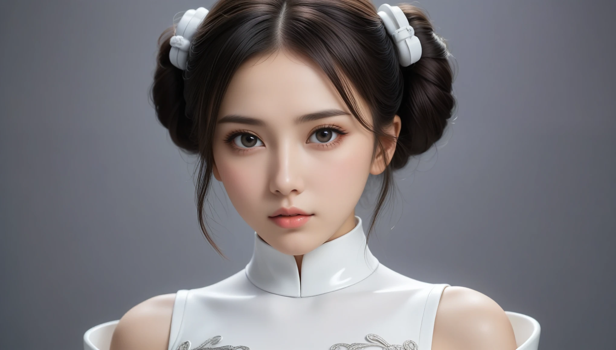 (photorealistic:1.4), (masterpiece:1.3), (intricate details:1.2), 1girl, small breasts, floating hair, delicate, beautiful detailed, (detailed eyes), (detailed facial features), Kpop idol, cowboy shot, space background, lightsaber, dual wielding, holding lightsaber, planet, galaxy, JEDI robe, boots, blue eyes, detailed eyes, floating hairs, Her long hair is pulled back into a sleek bun, framing her strong yet elegant face. The force flows through her, evident in the determined and focused expression on her face. Her Jedi robes are adorned with intricate embroidery and details, showcasing her expertise in both combat and style.