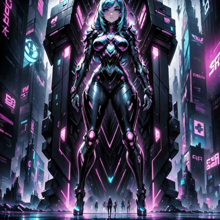 a cyber punk female standing in front of a futuristic cityscape