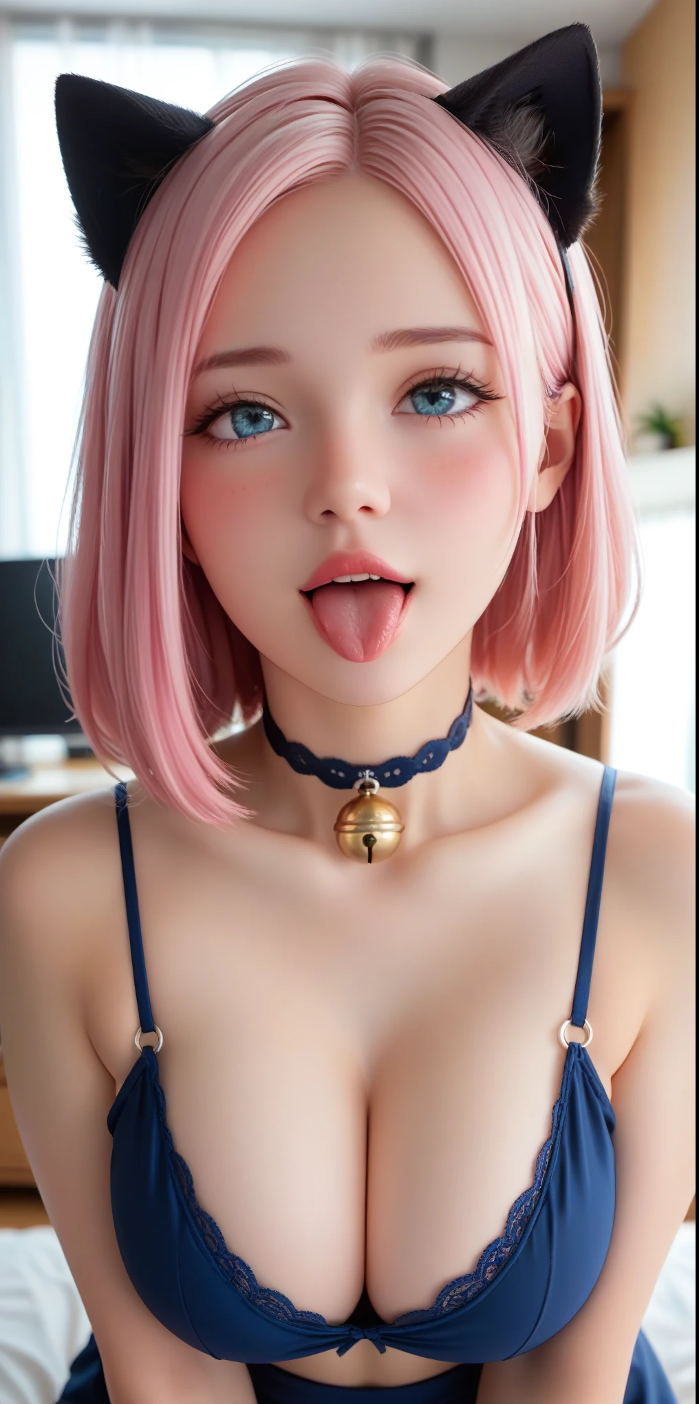 Adult, female, mature, very shy and blushing, cute big eyes, pink hair, short bob hair, cat ears, choker with bell, shaggy hair, big silver eyes, voluminous bangs, parted bangs, long hair with bangs, hair in the eyes, perfect blue eyes, perfect blue irises, voluptuous body, big boobs, plump lips, slender figure, thin strap blouse, her big breasts press, generous neckline tight on the blouse, front view of the living room, techno, at night, in cyber decor, sexy woman, very flushed, AHEGÃO's expression, tongue out, she is very hot and naughty, fangs, very blushing with shyness, seductive, close up, (Masterpiece, Anatomically Correct, Accurate, Best Quality, Detail, High Details, Quality, Super Detailed, High Quality, Skin Detail, Amazing Skin Detail), (SuperQuality:1.0) ~ (SuperQuality:1.2)