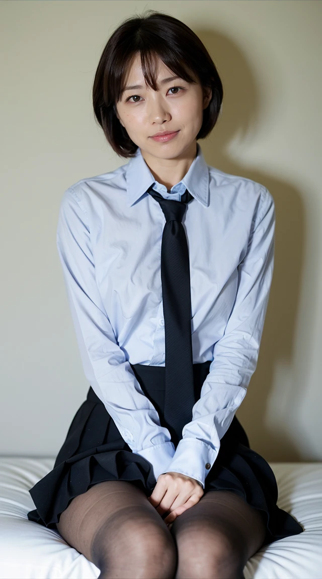 ulzang-6500-v1.1, (RAW photogr:1.2), (photograph realistic,:1.4), Beautiful Meticulous Girl, Highly detailed eyes and face, beatiful detailed eyes, absurd res, Incredibly Ridiculous res, hugefilesize, ultra-detailliert, A high resolution, The is very detailed, of the highest quality, masterpeace、, kemomimi, ((Japan Girls' High School Junior High School Uniform)), illustratio, The is very detailed, hyper HD, unified, 8k wallpaper, Beautiful, finedetail, Master peace、, highest quality, Awesome Ultra HD uniform 8k wallpaper, light in face、电影灯光、16yo girl、((dynamicposes)))、(camel-toe)、(half turtle)、(lacepantyhose、、、、)、(sitting on legs bending knees))、short detailed hair、short detailed hair、long necks、Keep your ears out、By bangs、largeeyes、eyeslashes、prette、It's lovely