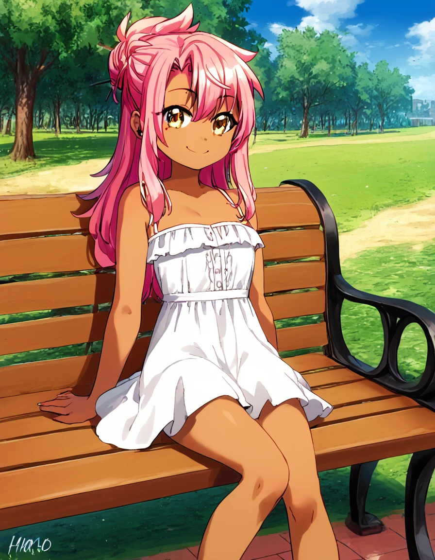 1girl,solo,smile,outdoor,white dress,sitting,bench, chloe,dark_skinned_female,dark_skin,long_hair,pink_hair,yellow_eyes,hair_between_eyes,white_hair,bangs,small_breasts,,harf_updo,one_side_up, young girl, lo.li,