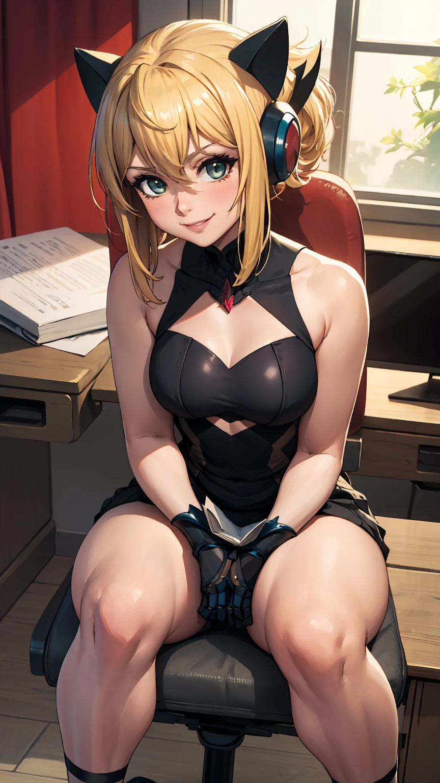 a woman sitting on top of a red chair, very close up foot pov shot, orianna, noire moody scene, fully robotic!! catgirl, very vascular, blonde, thick legs, his legs spread apart, teasing smile, ig studios anime style, 4k!, on a desk