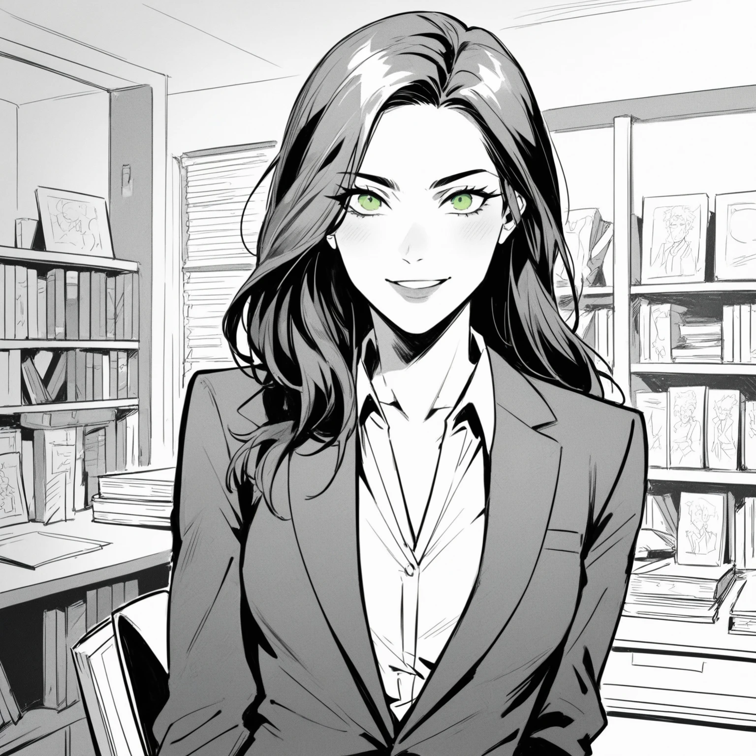 {4k image}, 1 stunning woman, black long hair, vibrant green eyes, fit athletic physique, red skin,sun-kissed skin, black jacket suit, crisp white shirt, bright smile, dynamic sketch, comic book style, confident lawyer, preppy business attire, elegant business room setting, drawing by Arthur Adams