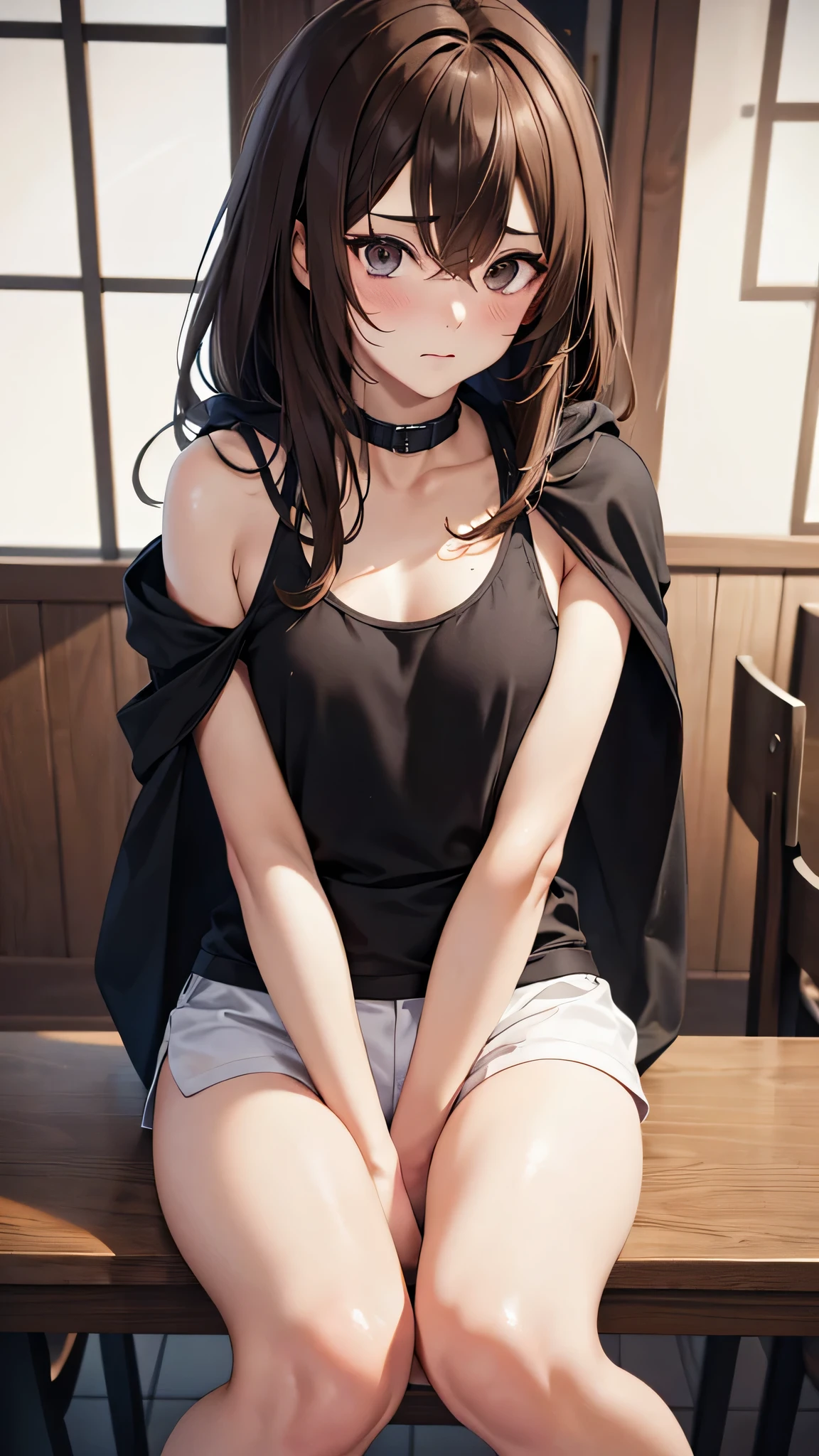 Anime, flat , (Ellen 18-years-old, short dark layered hair, Brown-eyed, small breast:1.0), hair clips 
Fantasy Rogue outfit, belt, spread legs, sitting, embarrassed, groin , 