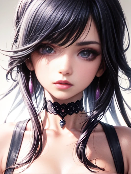 Depth of bounds written, detailed eye, ((CG illustration)), ((face focus)), ((masterpiece)), ((8K)), ((super detailed)), ((Super high quality)), ((cinematic)), ((Photoreal)), ((close up shot)), (solo), (cool girl), very long hair, straight hair, (((thin body))), Glossy skin, ((look away)), (Beautiful goth girl with high cheeks and legs), Gothic makeup, clear eyes, lipstick, dark eye shadow, ((No bra)), choker, earrings, provoke, night, ((full moon)), ((Functional)), Lonely, Visual kei, ((pastel colour)), Unwound clothes, forget, kiss, White Knight, dark, silence