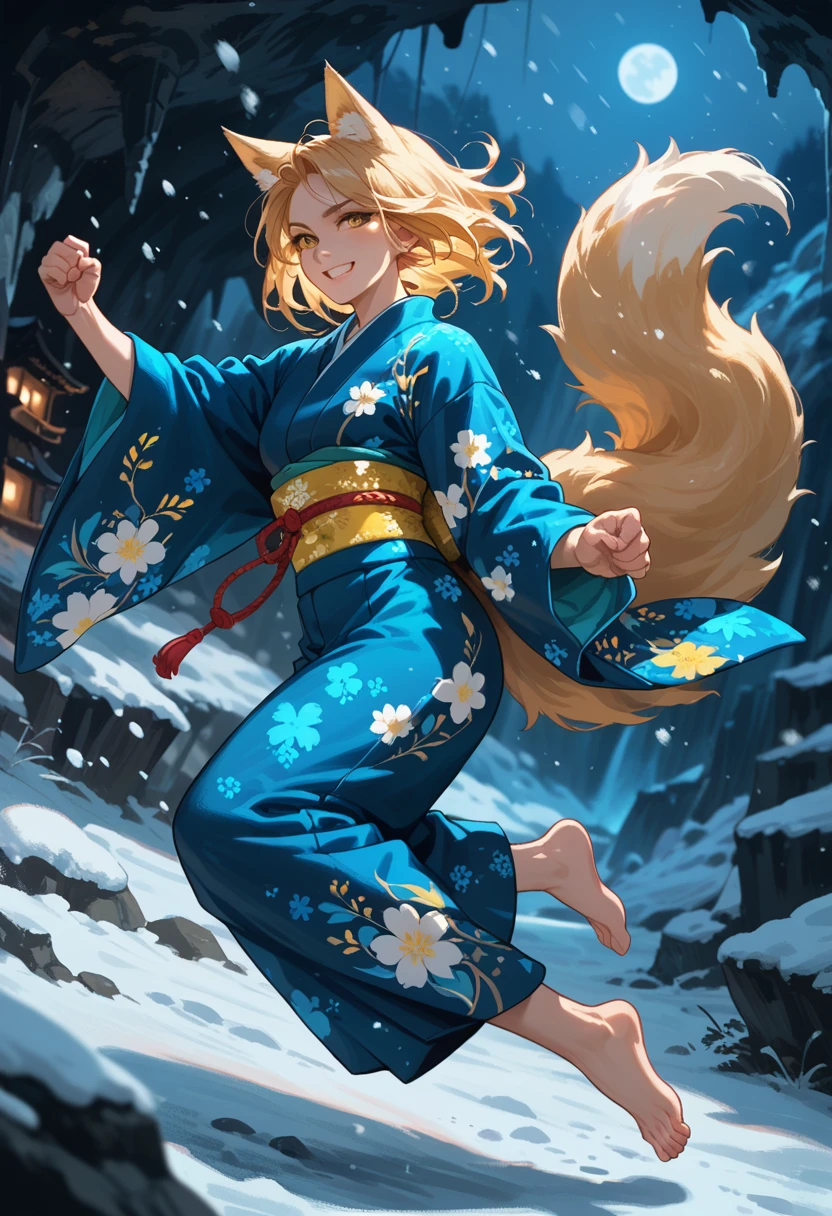 1girl,solo,floral pattern,kimono, blue white and yellow, fox girl, night , snow storm, floating , action pose, fluffy tail, holding own tail, bright smile, cave 