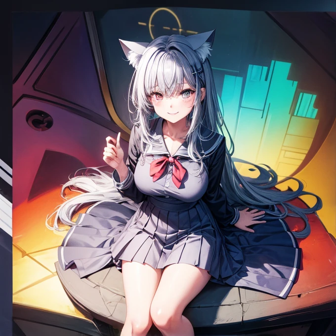 Vtuber lovely cute beautiful cat ears white hair  long Short skirt dress blue eyes Stockings on legs Glasses in room with a console controller in her hand  broche gamer en su cabeza  full body  pc intel logo 