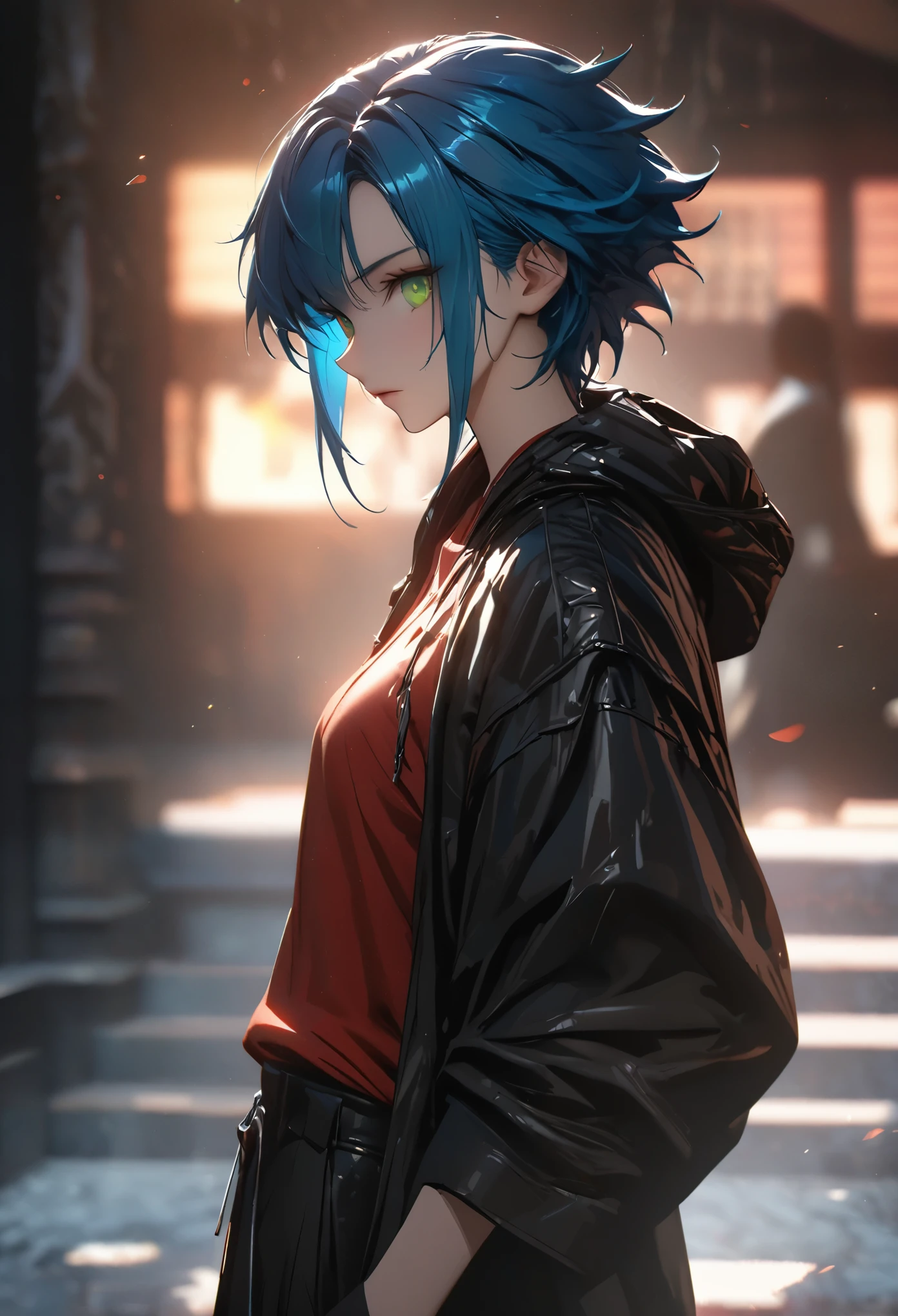 ((solo)), (androgynous male), green eyes, ((fluorescent blue hair)), short hair, spiky hair, (young adult), tall, fit, a close up of a person, detailed key anime art, casimir art, masamune shiro, masamune, beautiful girl in demon slayer art, heise jinyao, shadowverse style, (no logos), black pants, red shirt, black trenchcoat, shiny hair, depth of field, cinematic lighting, ray tracing, depth of field, cinematic lighting, ray tracing, UHD, high details, best quality, highres, high quality, award winning, super detail, masterpiece, 8k, UHD, high details, best quality, highres, high quality, award winning, super detail, masterpiece, 8k