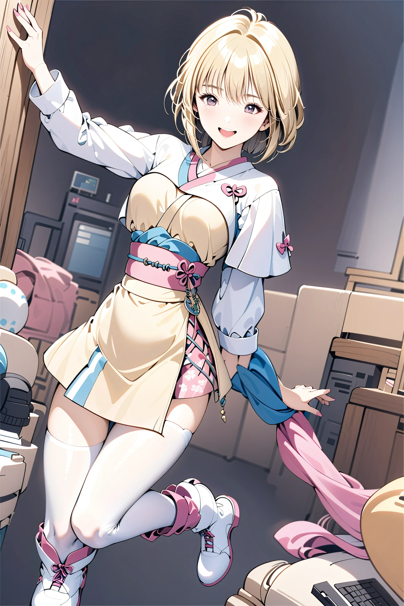 Amano Ai,Alone,1 girl,Full Body,short hair,Brown eyes,White shoes,smile,Open your mouth,boots,Watching the audience,Long sleeve,Blonde,Standing,Yellow short dress, White Pantyhose, White capelet, Pink Obi, Pink Ribbon,Traditional Media, Detailed computer circuit background